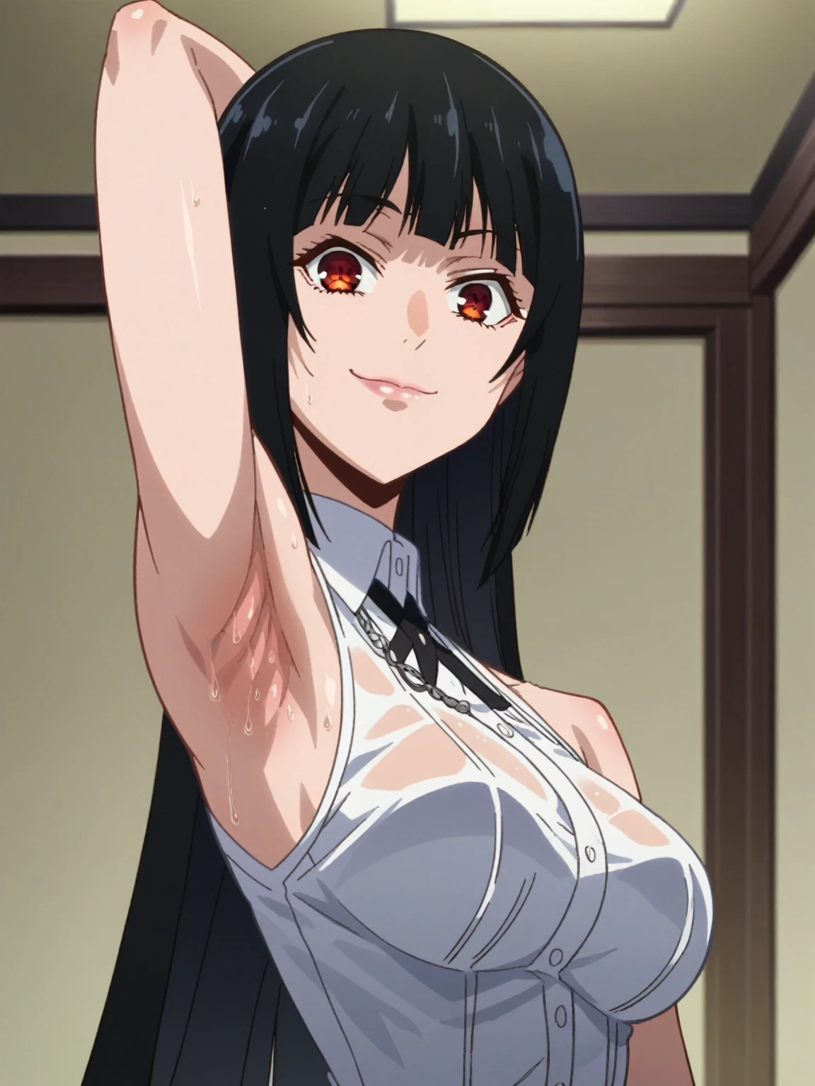 score_9, score_8_up, score_7_up, source_anime, anime screencap, 1girl, solo, jabami yumeko, long hair, red eyes, black hair, bangs, bare shoulders, bare arms, arm behind head, armpit, looking at viewer, head towards viewer, smile, badhandv4, indoors, closed mouth, white shirt, sleeveless,from side, from below, sweaty armpits, wet shirt