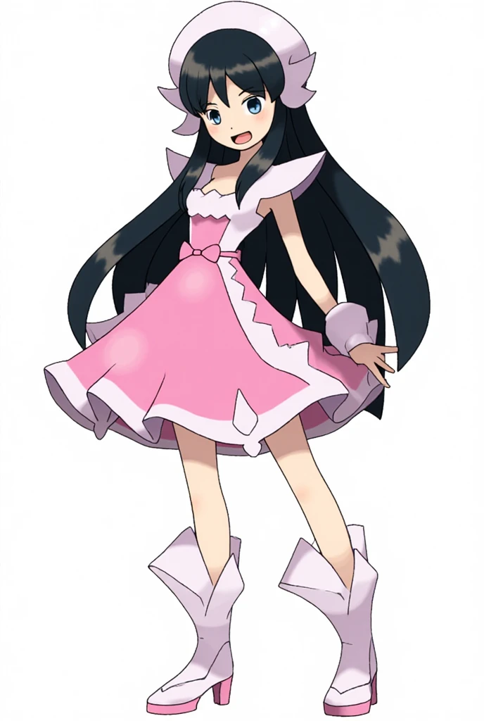 Pokémon: A female beautiful  grass type gym leader trainer that wears a cherry blossom inspired avant garde attire, She has a very avant garde attire, Pink and White colorway. Long Flowing black hair. She has a very mature face and small eyes. He has a very serious angry expression. Full body view. small eyes. She has a very small eye shap. She has a very mature body. She has a very mature face and appearance, Madison Beer 