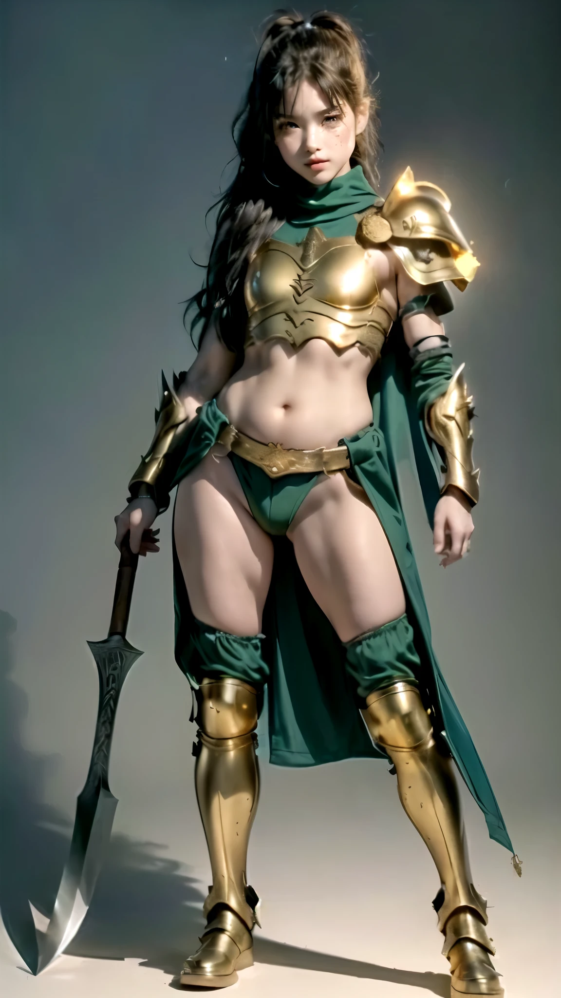 image of a (Muscular)   woman with pale green skin  , semi pixar style, 3d style, ((  thick thighs  )), ((  a curvy figure  )), (gordo),  hourglass body , ((  Broad shoulders)), ((woman amazon)), goddess,   Big breasts  ,  voluminous,  wavy hair with a ponytail yellow-green illuminated by the border  ,  up to the knees , beautiful, shiny opaque hair  ,   two thick, long hair on each side of her face  ,   likes ribs  , ((  dark green lips  )), ((  she is wearing a golden turtleneck covering her entire belly )), ((Golden tip  )),  gold clamps  ,   golden shoulder blades armed with golden shoulder blades brown leather underneath  ,   iron metal pieces at the end of each strip  ,   golden greaves that cover her knees and shins  ,   gold sneakers that cover her feet  ,   sassette covered with loose gold strips placed under the sassete  ,   gold metal pants  ,   she's not wearing anything underneath the armor  , ((  She's carrying a large ,  heavy axe with a dark wooden handle that is almost her size )), intimidating pose,  Standing proudly , (((  Greco-Roman style armor  ))), ((ancient armor)), (( glowing white eyes)), ((illuminated eyes)), ((  standing half on the side holding the axe close to the leg  )), ((  arrogant posture  )),   one leg in front of the other  , (((  full body shot  ))),   in a light gray room ,  (tan, small, small,  chibi, sd character:1.5), (Single person:1.5)，(Masterpiece:1.5), (Best quality:1.2), break [blue:peach red:0.5] Theme, (gradient backgrounds :1.1)，Cinematic light，(Perfect Hand 1.5)， Slender beautiful legs，Flat chest，Playful, (1 ), ( tan, sd character:1.5),(tan, , slender, small, small,  chibi, sd character:1.5), (full body:1.8), (upper body up:0.3), (hyper realistic:1.4), (realistic:1.3), (best quality real texture skin), Detailed eyes, detailed face, PERSEPHONE, (SFW:1.5) Negative label, body proportions, (Chapped lips:1.4), (blush de nariz:1.2), foreshortening, black cuts