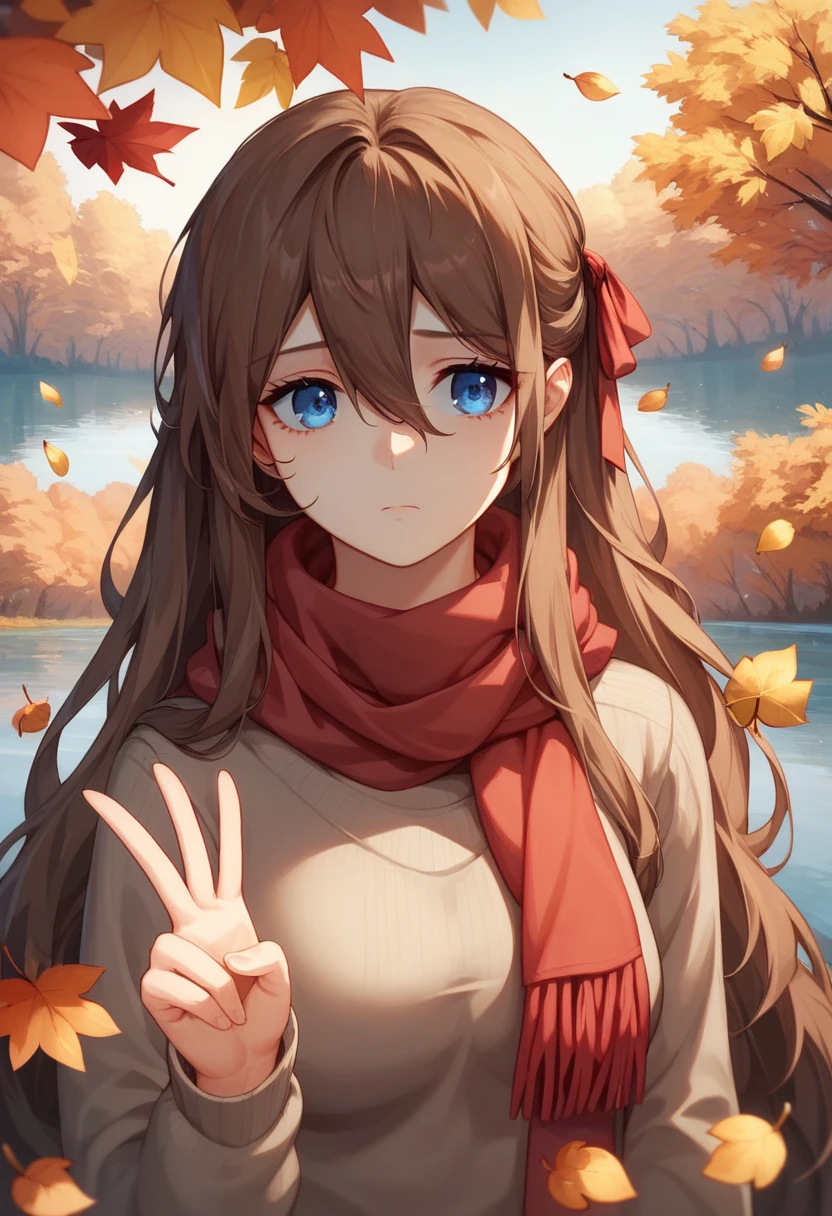 (masterpiece), best quality, ultra-detailed, illustration, warm lighting, soft lighting, bright colors, 1 girl, solo,( beautiful girl, long hair, blue eyes, ribbon, brown hair, hair between eyes, hair ribbon, sidelocks, very long hair, messy hair,) , autumn, many maple tree, maple leaves, golden leaves, fall foliage, Dried leaves, river,  crisp air,  peace, cool breeze , sweater weather,( wear white or brown sweater, red scarf, Moody fall, Wistful, Melancholy, sad ,worried, Longing,)