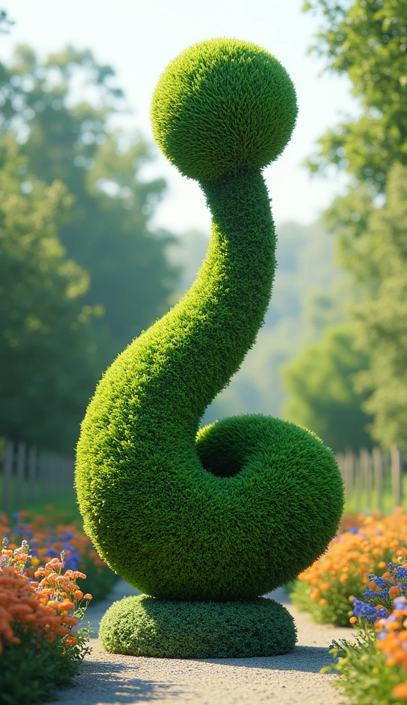 (best quality, 128k,highres,masterpiece:1.2),ultra-detailed,(realistic,photorealistic,photo-realistic:1.37), ((masterpiece)) ((photography)) ((Highest quality))  an illustration of a whimsical and artistic topiary in a beautiful garden, composed of an object ((like a  huge man's penis)). The spheres are crafted from lush, vibrant greenery, perfectly rounded and sculpted, while the long curved object, resembling a delicate vine or branch, arches gracefully over the spheres. The base of the topiary seamlessly merges all three elements together. The scene is set in a serene garden, surrounded by colorful flowers, soft sunlight, and tranquil paths, creating a harmonious and enchanting atmosphere.