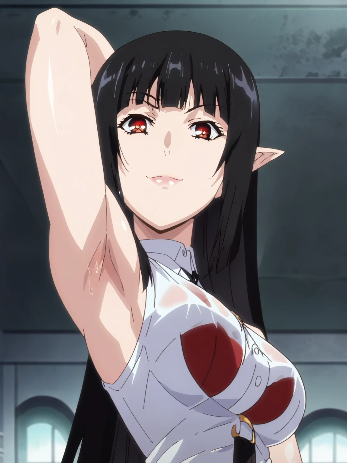 score_9, score_8_up, score_7_up, source_anime, anime screencap, 1girl, solo, jabami yumeko, long hair, red eyes, black hair, bangs,ears elf, bare shoulders, bare arms, arm behind head, armpit, looking at viewer, head towards viewer, smile, badhandv4, indoors, closed mouth, white shirt, sleeveless,from side, from below, sweaty armpits, wet shirt, red bra