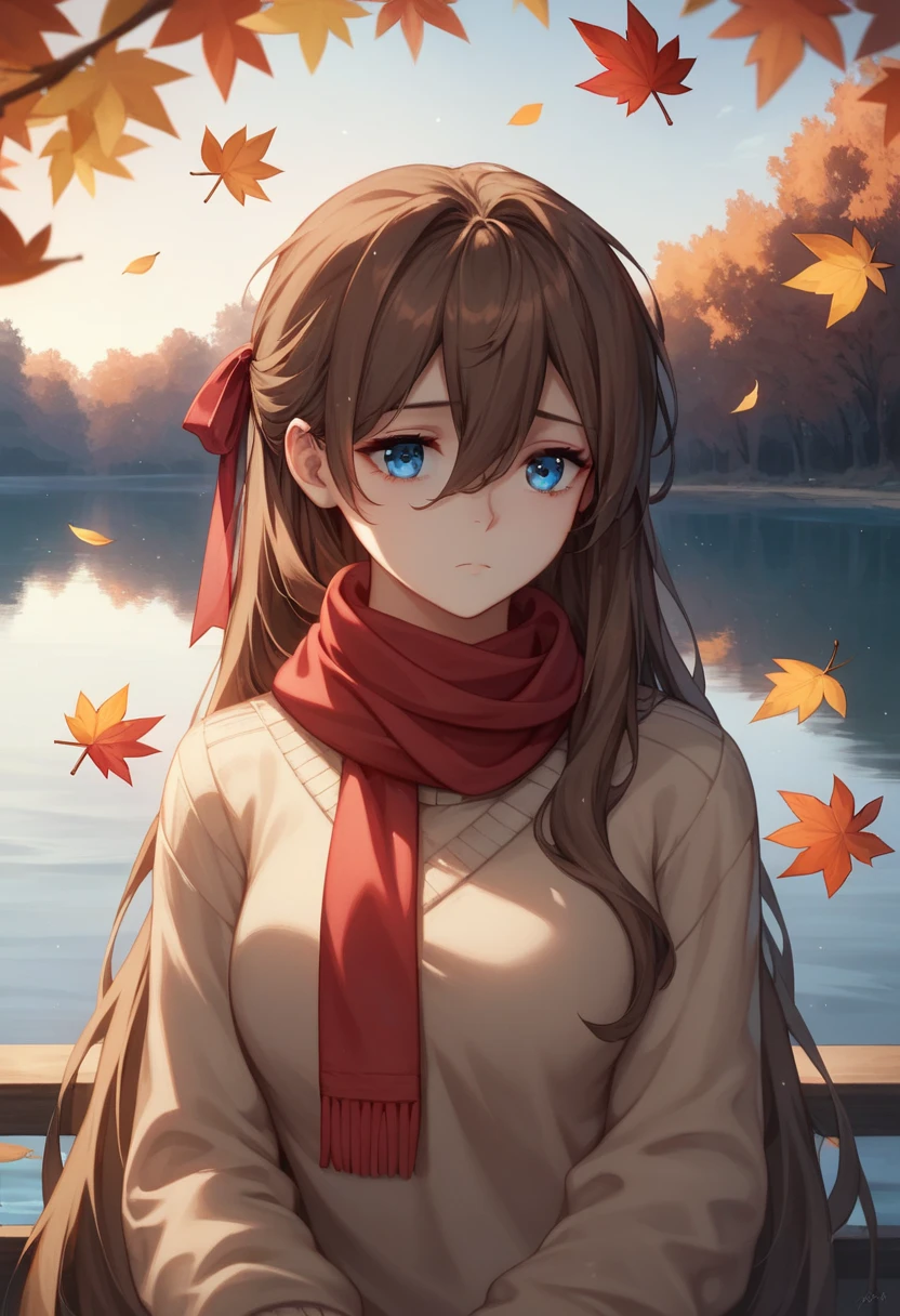 (masterpiece), best quality, ultra-detailed, illustration, warm lighting, soft lighting, bright colors, 1 girl, solo,( beautiful girl, long hair, blue eyes, ribbon, brown hair, hair between eyes, hair ribbon, sidelocks, very long hair, messy hair,) , autumn, many maple tree, maple leaves, golden leaves, fall foliage, Dried leaves, river,  crisp air,  peace, cool breeze , sweater weather,( wear white or brown sweater, red scarf, Moody fall, Wistful, Melancholy, sad ,worried, Longing,)