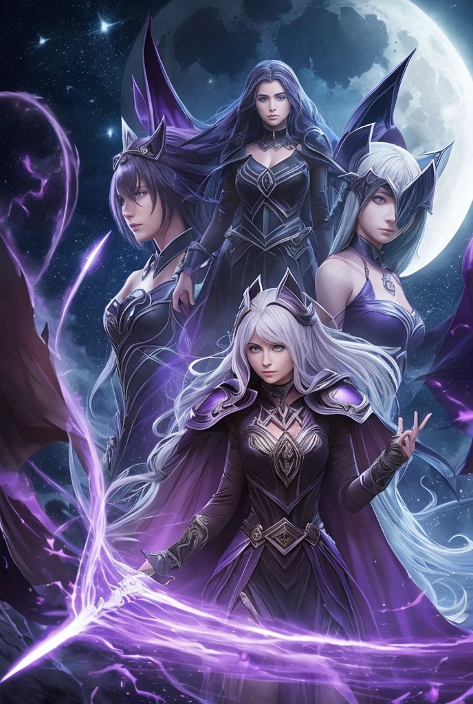 "In front of a majestic mountain with dense forests and the glowing full moon stand several elegant women in beautiful dresses. The faces are incredibly detailed and depicted in high-resolution 3D graphics."