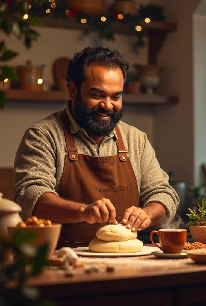 Bangladeshi Muslim boy 20 years old 
 who making chocolate cake , looking to the camera 
