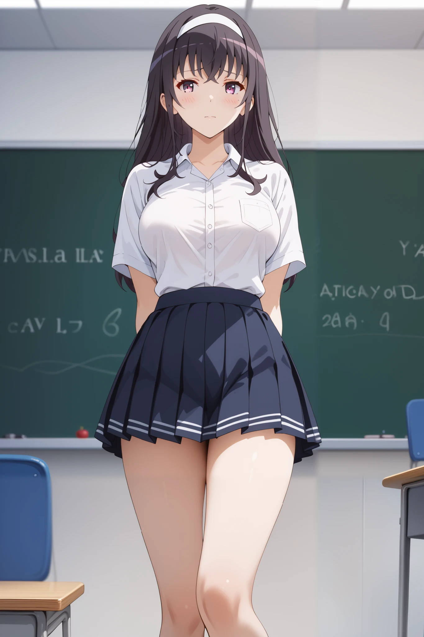 Masterpiece, extremely detailed,perfect quality,4k ,2D ultra graphic,anime ,solo,1girl ,stand up,kasumigaoka utaha, embarrassed,stand up,full body,beauty face,large breasts ,teacher uniform,white shirt,black hot skirt,stocking,body goals,slim body,slim models body,straddle,arms behind back,looking at viewers,front looks,bokeh