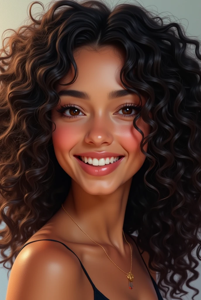 
"Create a detailed portrait of a woman with a matte skin tone. She has voluminous, curly hair that cascades down around her shoulders. Her facial features are soft yet defined, with expressive eyes, a well-contoured nose, and full lips. The overall expression should convey confidence and warmth. The background should be simple to keep the focus on her face and hair."