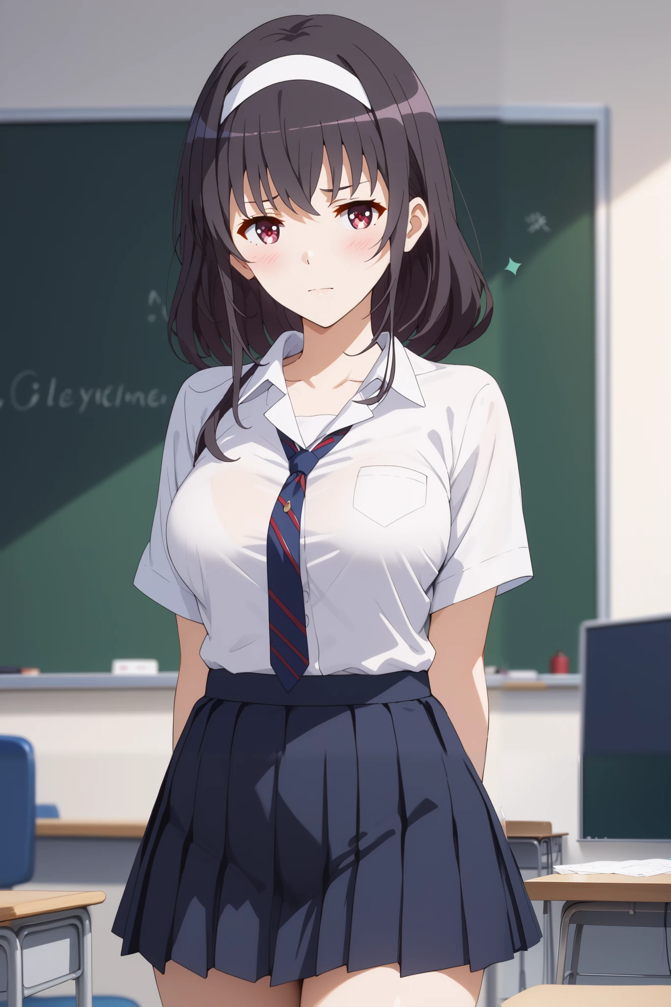 Masterpiece, extremely detailed,perfect quality,4k ,2D ultra graphic,anime ,solo,1girl ,stand up,kasumigaoka utaha, embarrassed,stand up,full body,beauty face,large breasts ,teacher uniform,white shirt,black hot skirt,stocking,body goals,slim body,slim models body,straddle,arms behind back,looking at viewers,front looks,bokeh