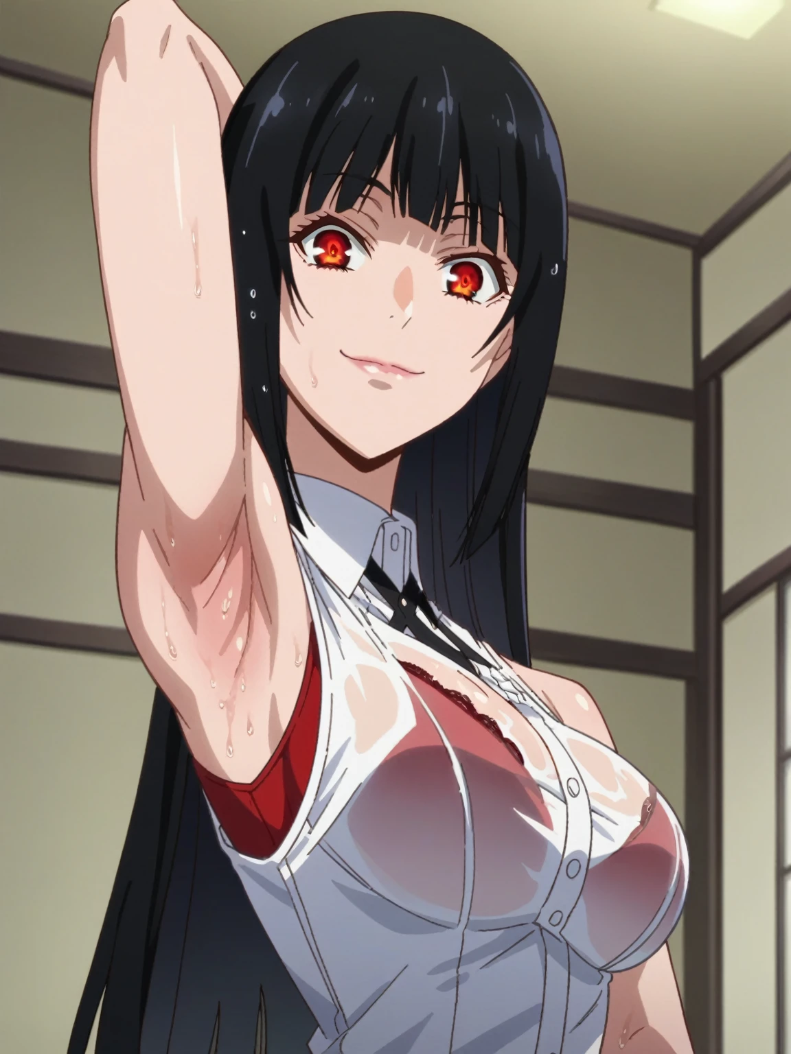 score_9, score_8_up, score_7_up, source_anime, anime screencap, 1girl, solo, jabami yumeko, long hair, red eyes, black hair, bangs,ears elf, bare shoulders, bare arms, arm behind head, armpit, looking at viewer, head towards viewer, smile, badhandv4, indoors, closed mouth, white shirt, sleeveless,from side, from below, sweaty armpits, wet shirt, red bra, cleavage