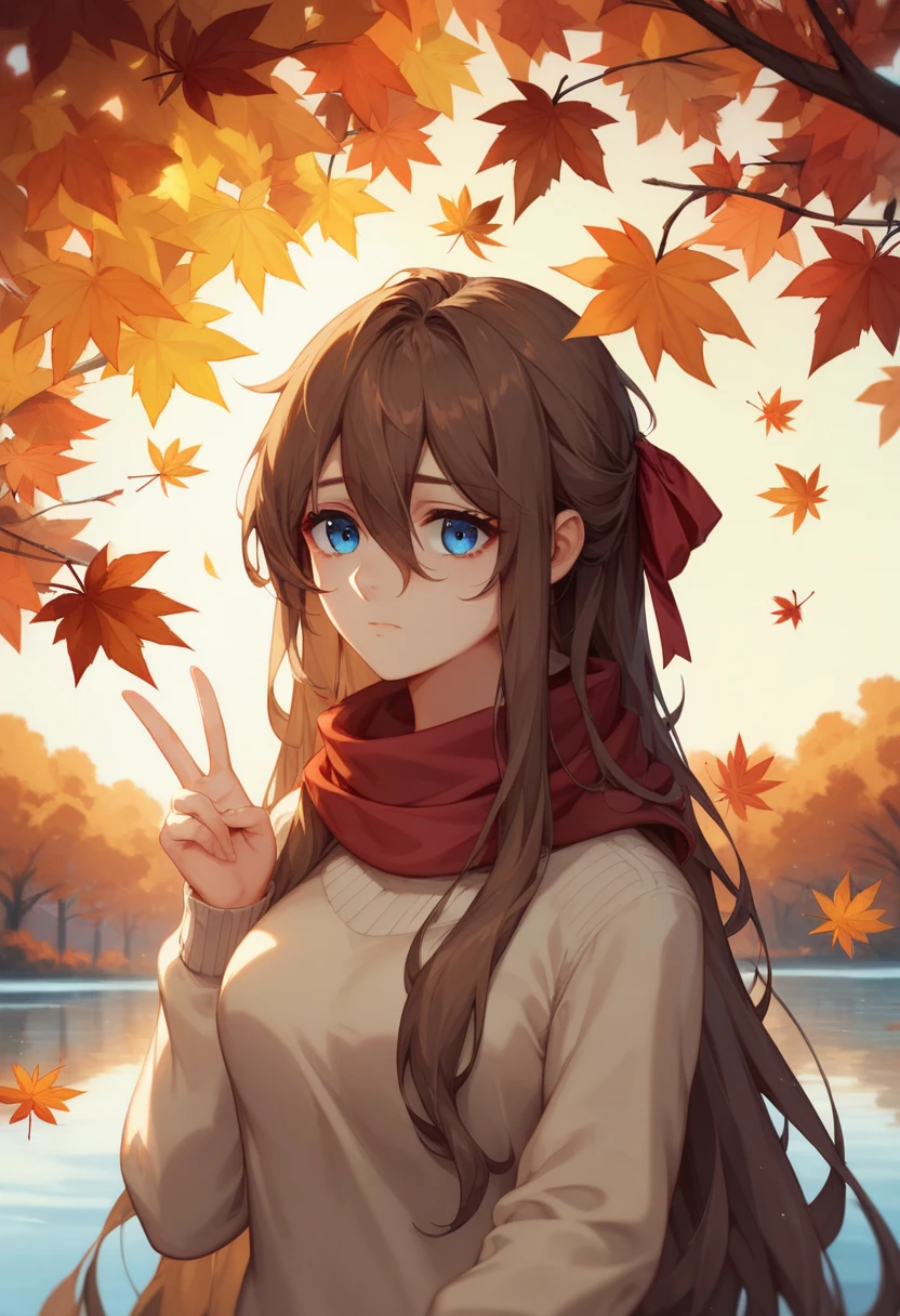 (masterpiece), best quality, ultra-detailed, illustration, warm lighting, soft lighting, bright colors, 1 girl, solo,( beautiful girl, long hair, blue eyes, ribbon, brown hair, hair between eyes, hair ribbon, sidelocks, very long hair, messy hair,) , autumn, many maple tree, maple leaves, golden leaves, fall foliage, Dried leaves, river,  crisp air,  peace, cool breeze , sweater weather,( wear white or brown sweater, red scarf, Moody fall, Wistful, Melancholy, sad ,worried, Longing,)