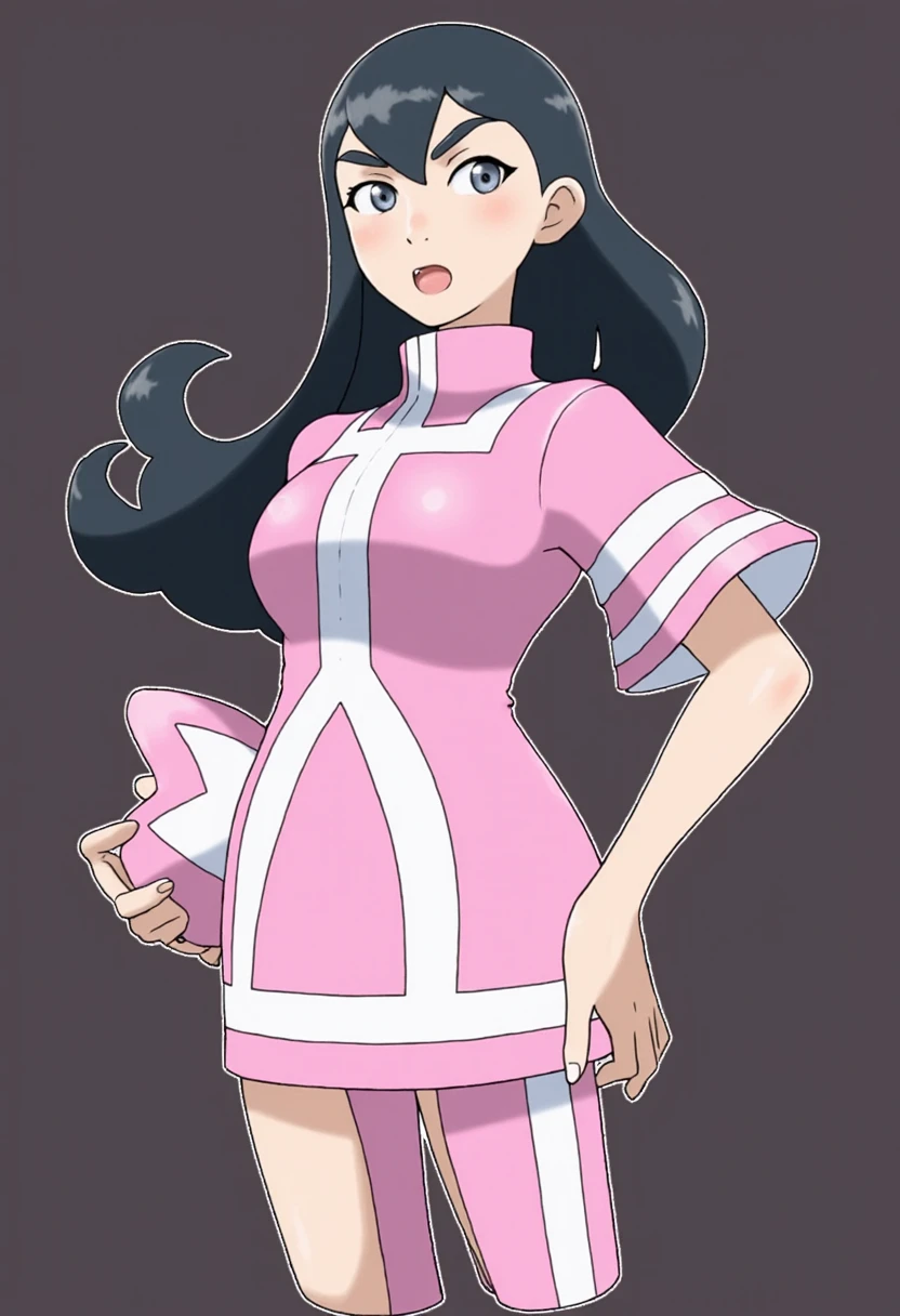 Pokémon: A female beautiful  grass type gym leader trainer that wears a cherry blossom inspired avant garde attire, She has a very avant garde attire, Pink and White colorway. Long Flowing black hair. She has a very mature face and small eyes. He has a very serious angry expression. Full body view. small eyes. She has a very small eye shap. She has a very mature body. She has a very mature face and appearance, Madison Beer 