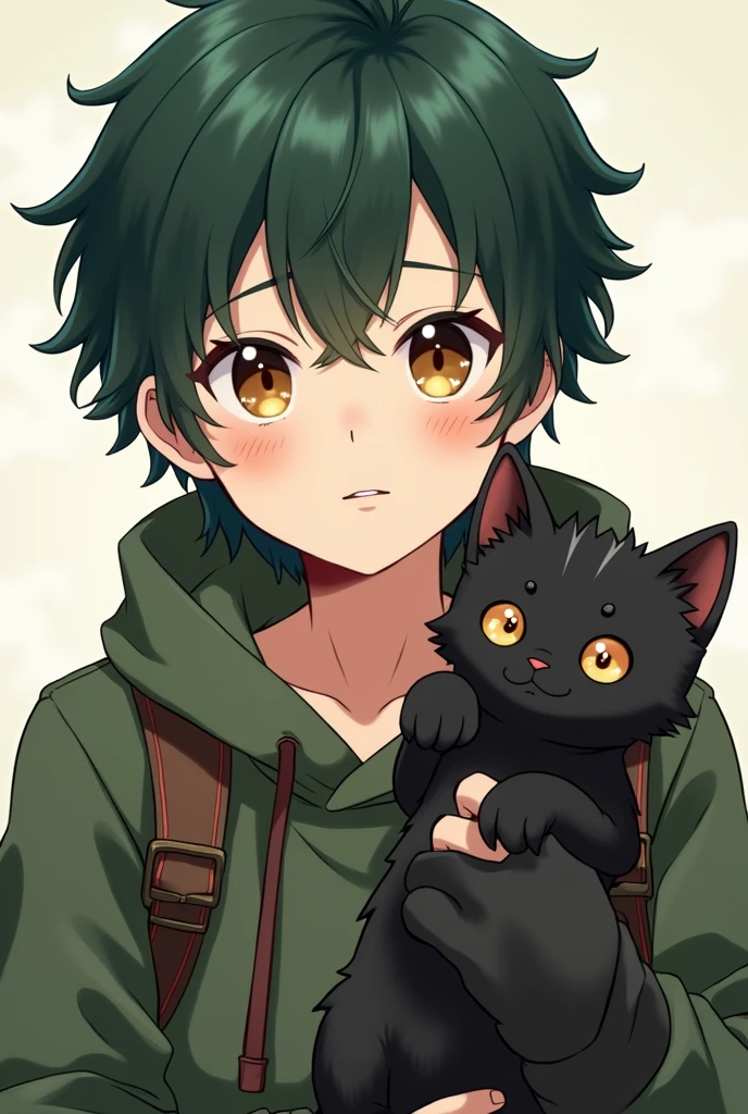 A boy with dark green hair almost as if he were black with slightly light green tufts, amber eyes, with a sweet smile holding a black kitten , with light colored skin and wearing adventurous clothing , anime style