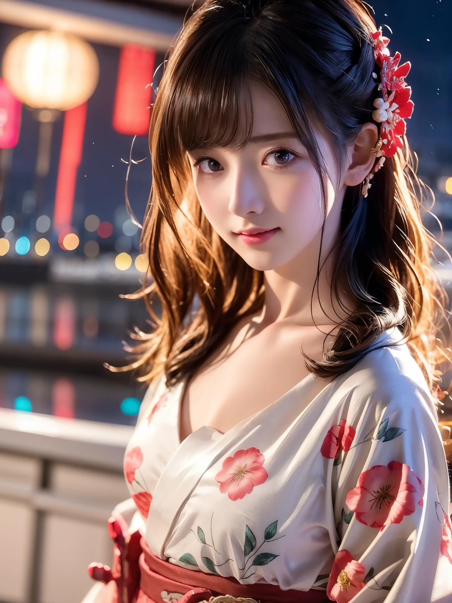 (masutepiece:1.3, Photorealsitic:1.4, 8K), top-quality, masterpiece, 超A high resolution, Perfect dynamic composition, Highly detailed skin and facial texture:1.3, A detailed eye, Detailed limbs, Precincts at night:1.2, 1girl in, Cute Sexy15Slim woman, Fair skin, ((Natural smile:0.9, Totally captivates you:1.0)), ((accurate shrine maiden costume、Light pink color)), ((voluptuous breasts:0.9)), (Facing the front, randome pose), (Beautiful blue eyes, Eyes that feel beautiful eros:0.85), Sexy face:0.4, (A mouthfeel that feels beautiful eros:0.85), ((Too cute beauty:0.9))