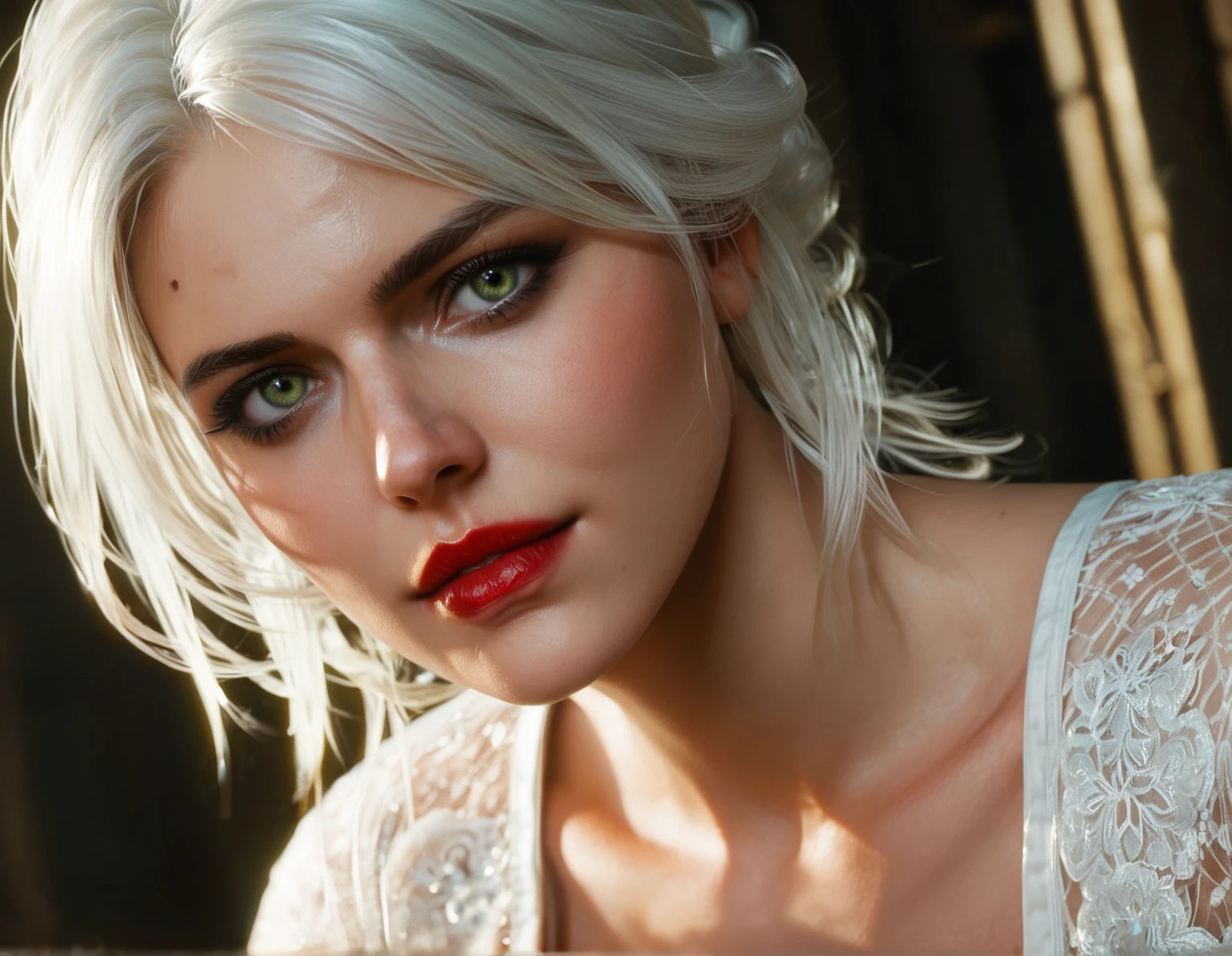 Ciri, white hair, (best quality, Ultra-detailed), (realistic:1.37), beautiful and detailed face, Ultra-realistic texture, Delicate face, Red lipstick, long-lasting colors. high definition, 8k.