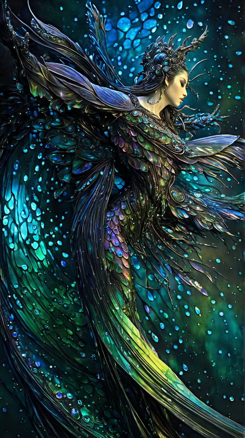 Fairy Traveler of Night and Darkness, dynamic pose, amazingly smooth, detailed, 3d, water drops, dreamy, art by Karol Bak, Luis Royo art, broken glass effect, stunning, something that doesn't even exist, mythical creature, iridescent and luminescent scales , breathtaking beauty, sharp focus, intricate details, high detail, Greg Rutkowski, complex, elegant, highly detailed