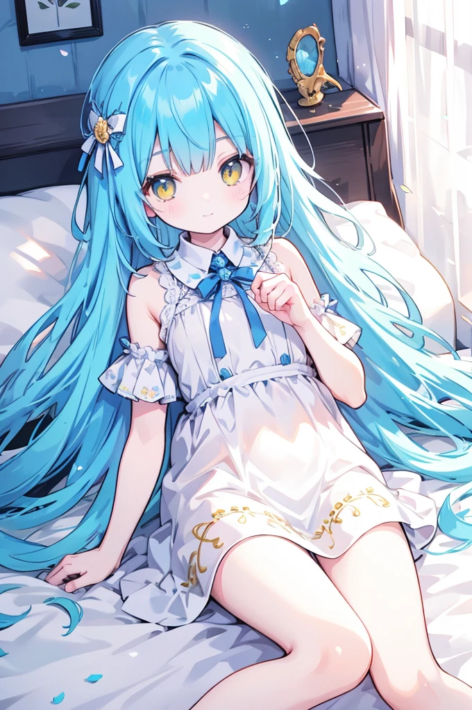  with a small smile, long light blue hair, yellow eyes, and lies down in bed