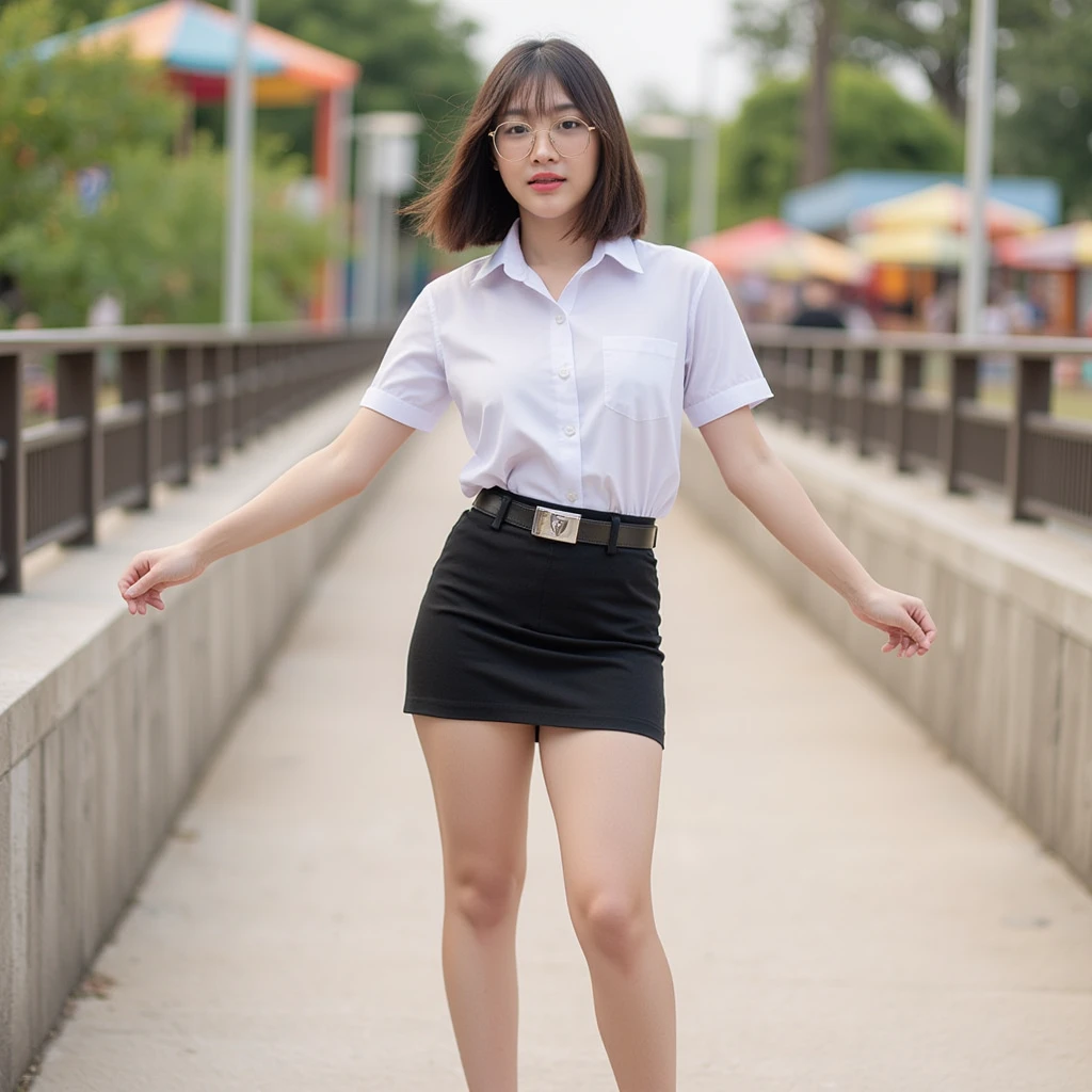 Fullbody photo of beautifully smooth, A chic Asian girl in 2024 fashion looks poses in a chic pose amidst the warm atmosphere of a Thai tourist attraction. wearing light gold round glasses, Her bob hair flows in the wind. A white short-sleeved collared six button-down shirt, short black pencil skirt, silver belt bucket. and sneakers with a gray and black design, with a good figure, her stands with her arms spread out, making a small heart shape, This picture perfectly conveys the freshness and confidence of a modern girl. making the model stand out.