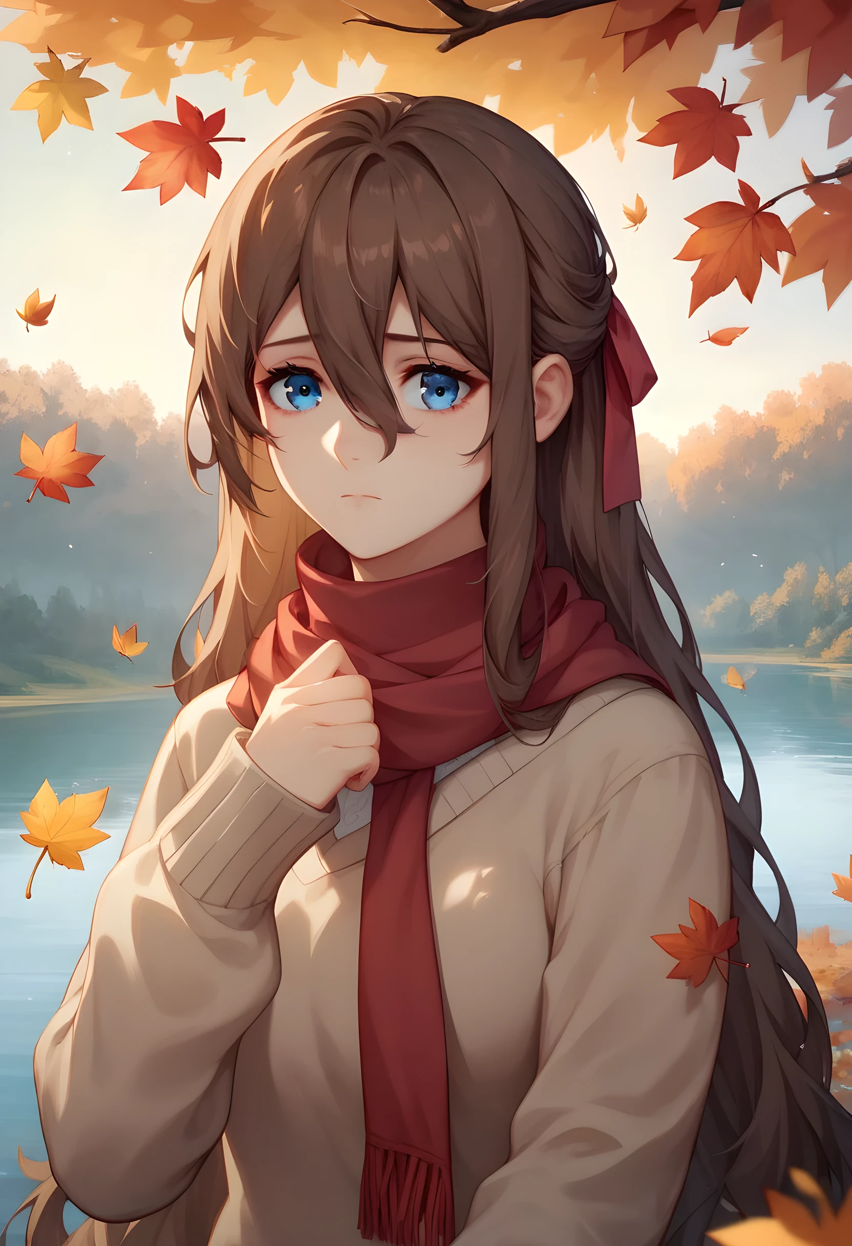 (masterpiece), best quality, ultra-detailed, illustration, warm lighting, soft lighting, bright colors, 1 girl, solo,( beautiful girl, long hair, blue eyes, ribbon, brown hair, hair between eyes, hair ribbon, sidelocks, very long hair, messy hair,) , autumn, many maple tree, maple leaves, golden leaves, fall foliage, Dried leaves, river,  crisp air,  peace, cool breeze , sweater weather,( wear white or brown sweater, red scarf, Moody fall, Wistful, Melancholy, sad ,worried, Longing,)