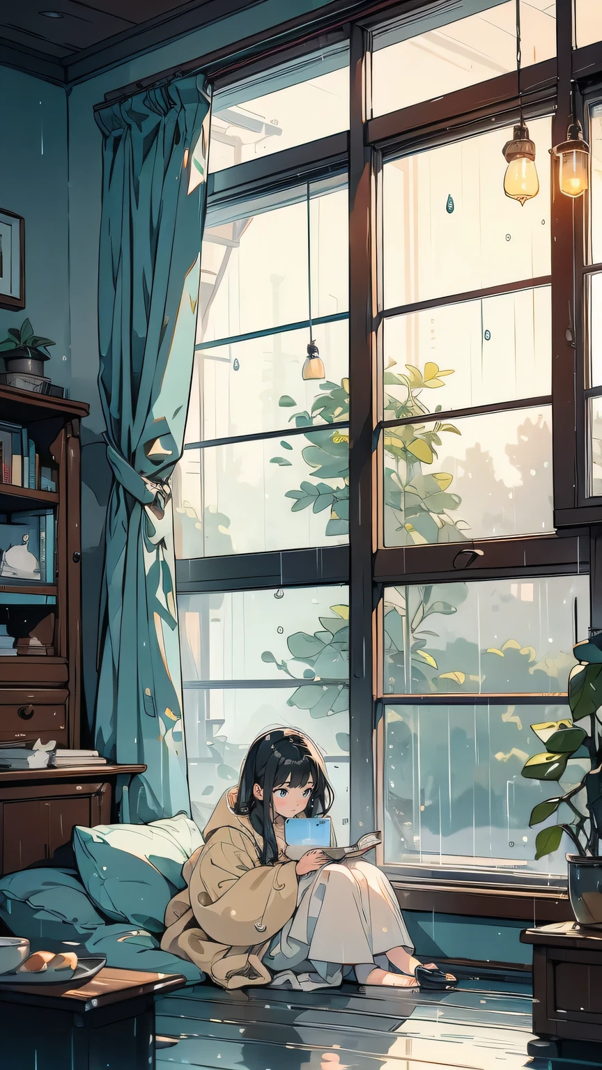 「A rainy day inside a cozy cat cafe. Large windows show raindrops streaming down the glass, while the interior is warm and welcoming. Several cats are curled up in blankets or sitting by the windows, watching the rain with curious eyes. A customer is reading a book while sipping tea, and another is working on a laptop. The atmosphere is peaceful, with the gentle sound of rain and the occasional meow of a cat breaking the quiet. Soft lighting and warm tones create a sense of comfort and shelter from the outside world.」