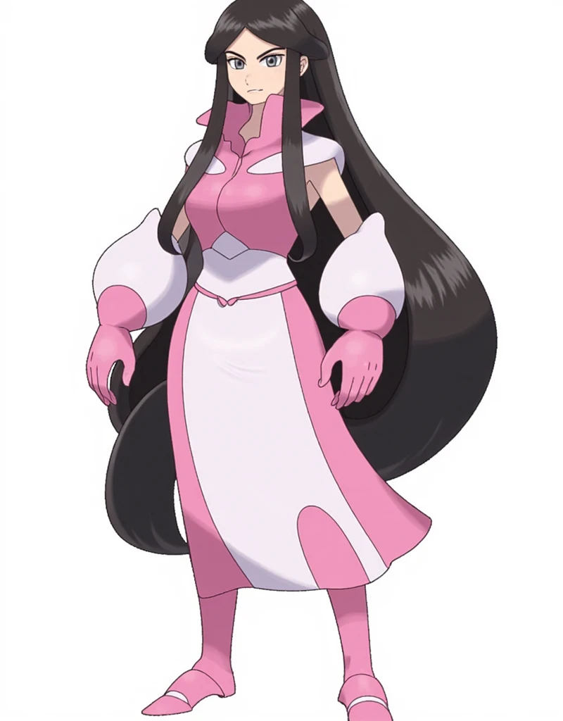 Pokémon: A female beautiful  grass type gym leader trainer that wears a cherry blossom inspired avant garde attire, She has a very avant garde attire, Pink and White colorway. Long Flowing black hair. She has a very mature face and small eyes. He has a very serious angry expression. Full body view. small eyes. She has a very small eye shap. She has a very mature body. She has a very mature face and appearance, Madison Beer 