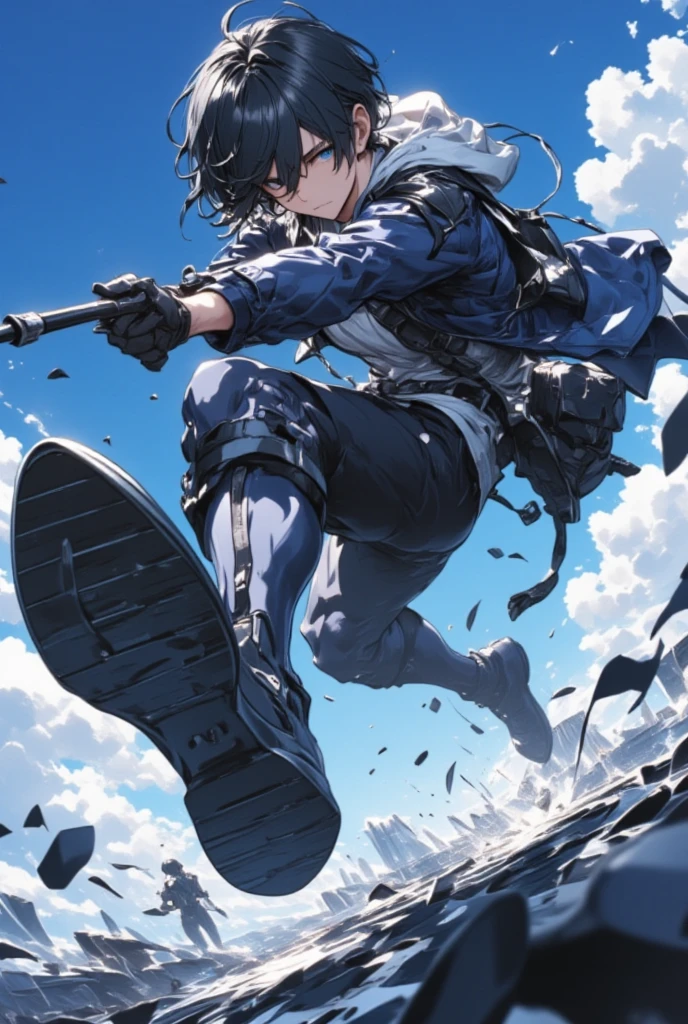 Handsome dark-haired young man in the Japan Ground Self-Defense Force "Asuka" ,  assault rifle from above while holding an assault rifle by your side(( motion blur being retouched:9.5 , backgroundぼかし ,  backlit silhouette  , Speed line depiction  ,background：The sky seen from below)),  ground kick from the air , Extreme Closeup  ,  super low angle from the ground , Focus on kicking legs
