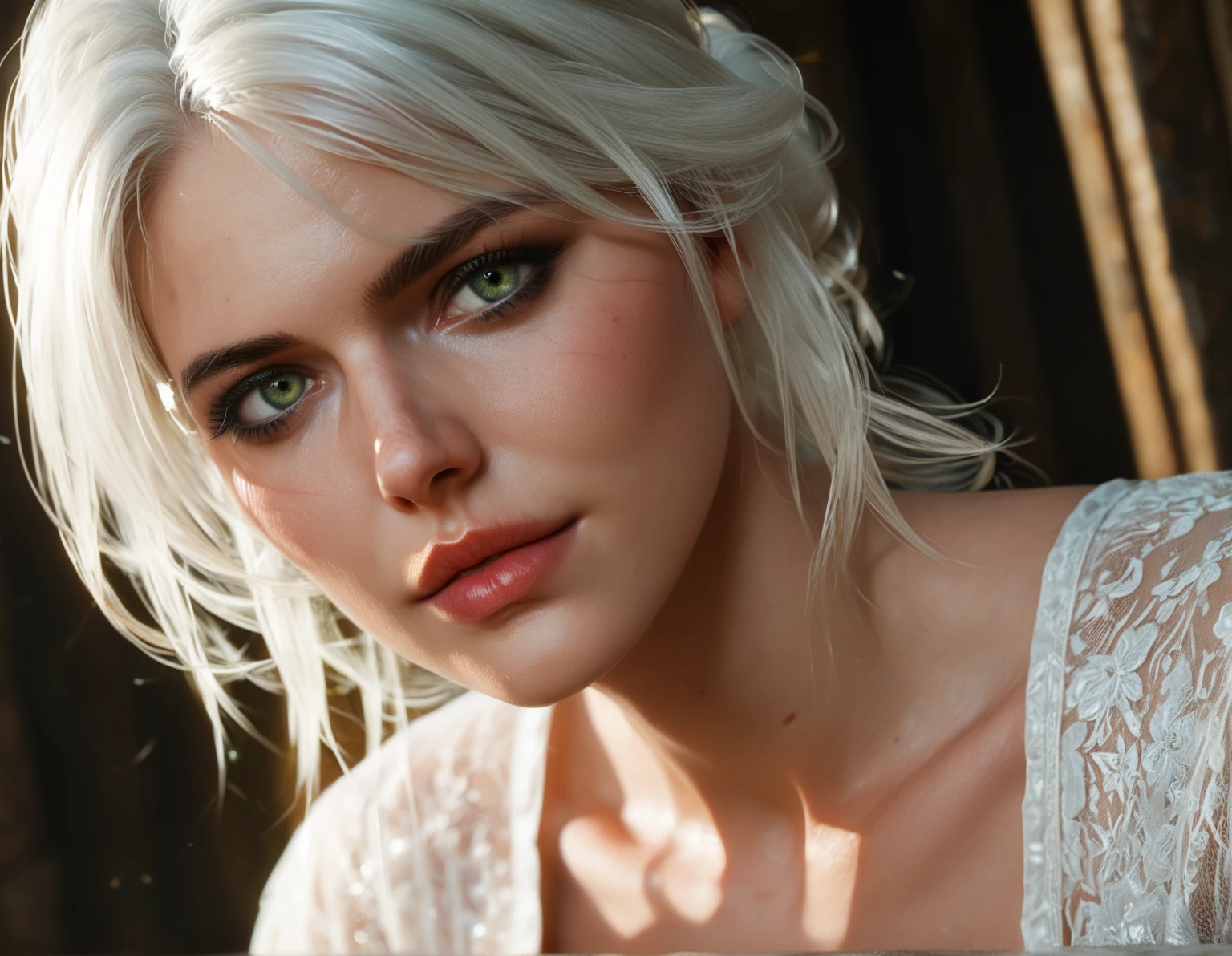 Ciri, white hair, (best quality, Ultra-detailed), (realistic:1.37), beautiful and detailed face, Ultra-realistic texture, Delicate face, long-lasting colors. high definition, 8k.