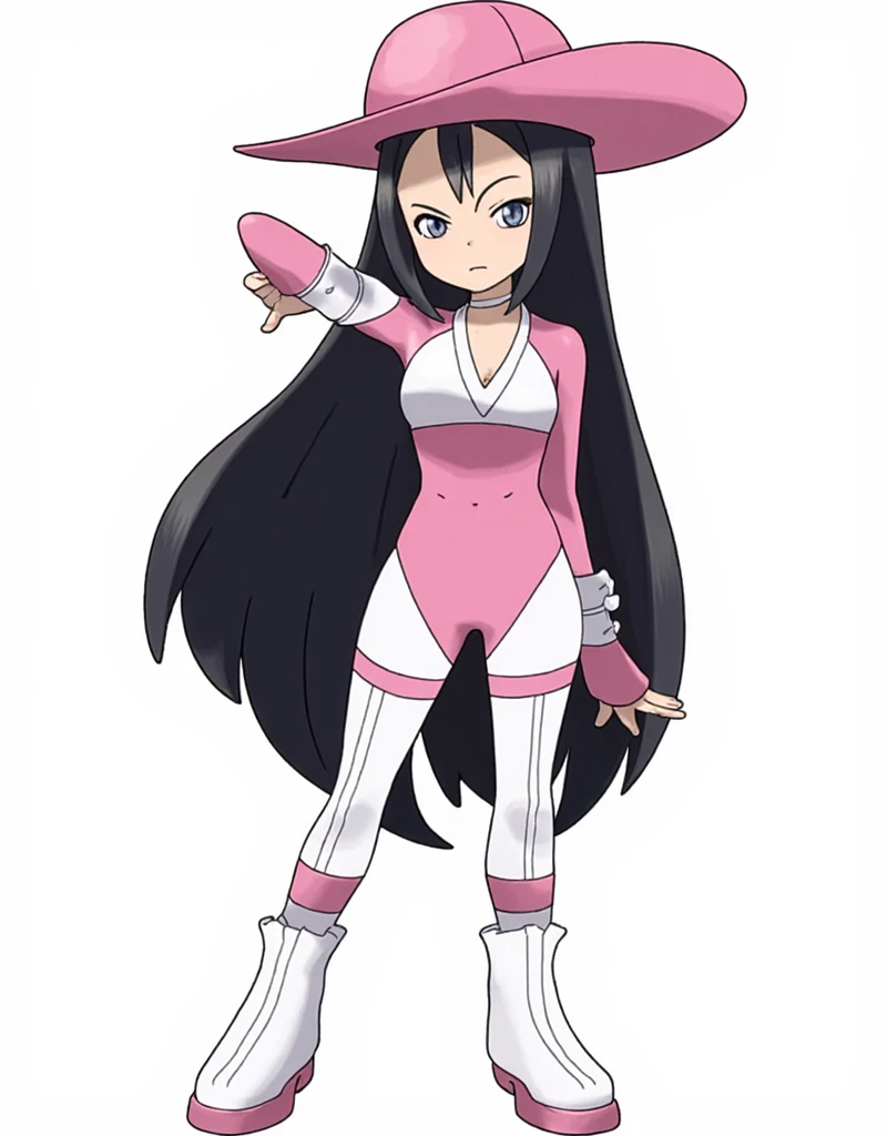 Pokémon: A female beautiful  grass type gym leader trainer that wears a cherry blossom inspired avant garde attire, She has a very avant garde attire, Pink and White colorway. Long Flowing black hair. She has a very mature face and small eyes. He has a very serious angry expression. Full body view. small eyes. She has a very small eye shap. She has a very mature body. She has a very mature face and appearance, Madison Beer 