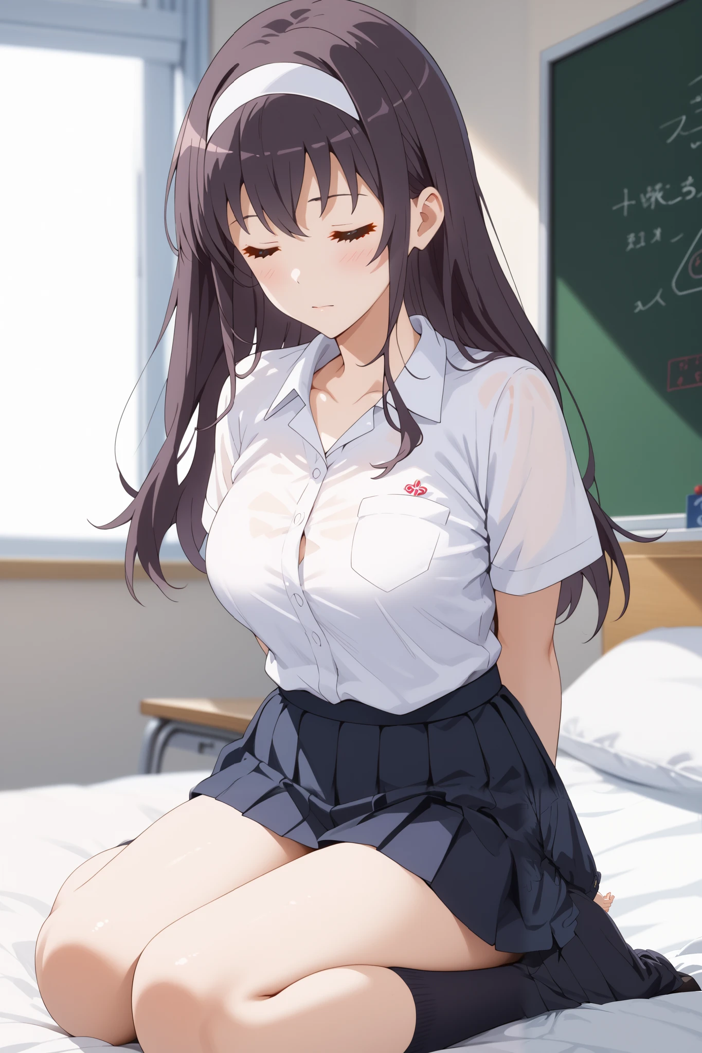 Masterpiece, extremely detailed,perfect quality,4k ,2D ultra graphic,anime ,solo,1girl ,sleep on the bed,kasumigaoka utaha, embarrassed,stand up,full body,beauty face,large breasts ,teacher uniform,white shirt,black hot skirt,stocking,body goals,slim body,slim models body,straddle,arms behind back,looking at viewers,front looks,bokeh