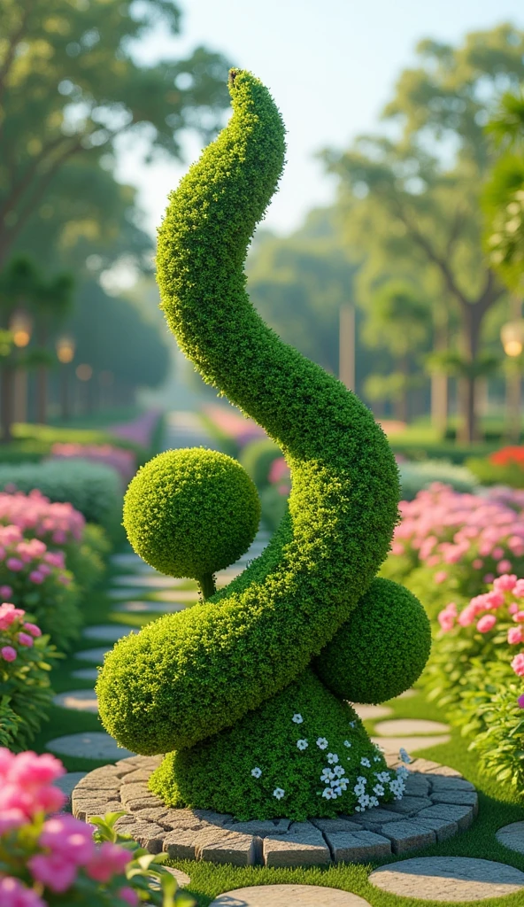 (best quality, 128k,highres,masterpiece:1.2),ultra-detailed,(realistic,photorealistic,photo-realistic:1.37), ((masterpiece)) ((photography)) ((Highest quality))  an illustration of a whimsical and artistic topiary in a beautiful garden, composed of an object ((like a  huge man's penis)). The spheres are crafted from lush, vibrant greenery, perfectly rounded and sculpted, while the long curved object, resembling a delicate vine or branch, arches gracefully over the spheres. The base of the topiary seamlessly merges all three elements together. The scene is set in a serene garden, surrounded by colorful flowers, soft sunlight, and tranquil paths, creating a harmonious and enchanting atmosphere.