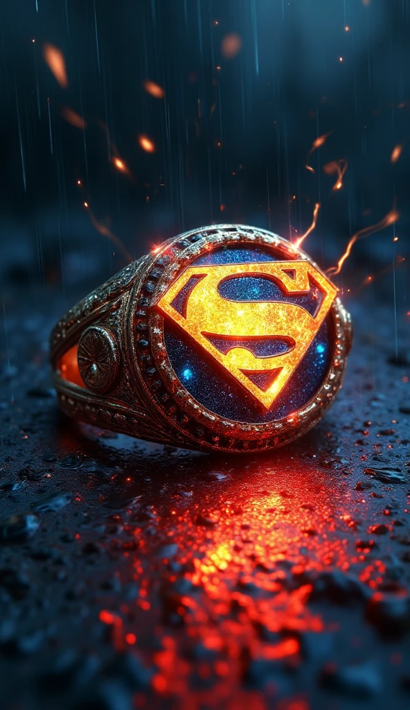 High Resolution, Masterpiece, Award Winning, High Details, "A glowing ring with Superman's iconic 'S' emblem glittering in golden yellow and red, lying on a rain-soaked ground. The ring emits a radiant red and blue glow, symbolizing hope and strength. Rain pours down, creating ripples on the wet surface, and faint lightning flashes illuminate the scene, highlighting the ring's majestic presence."
