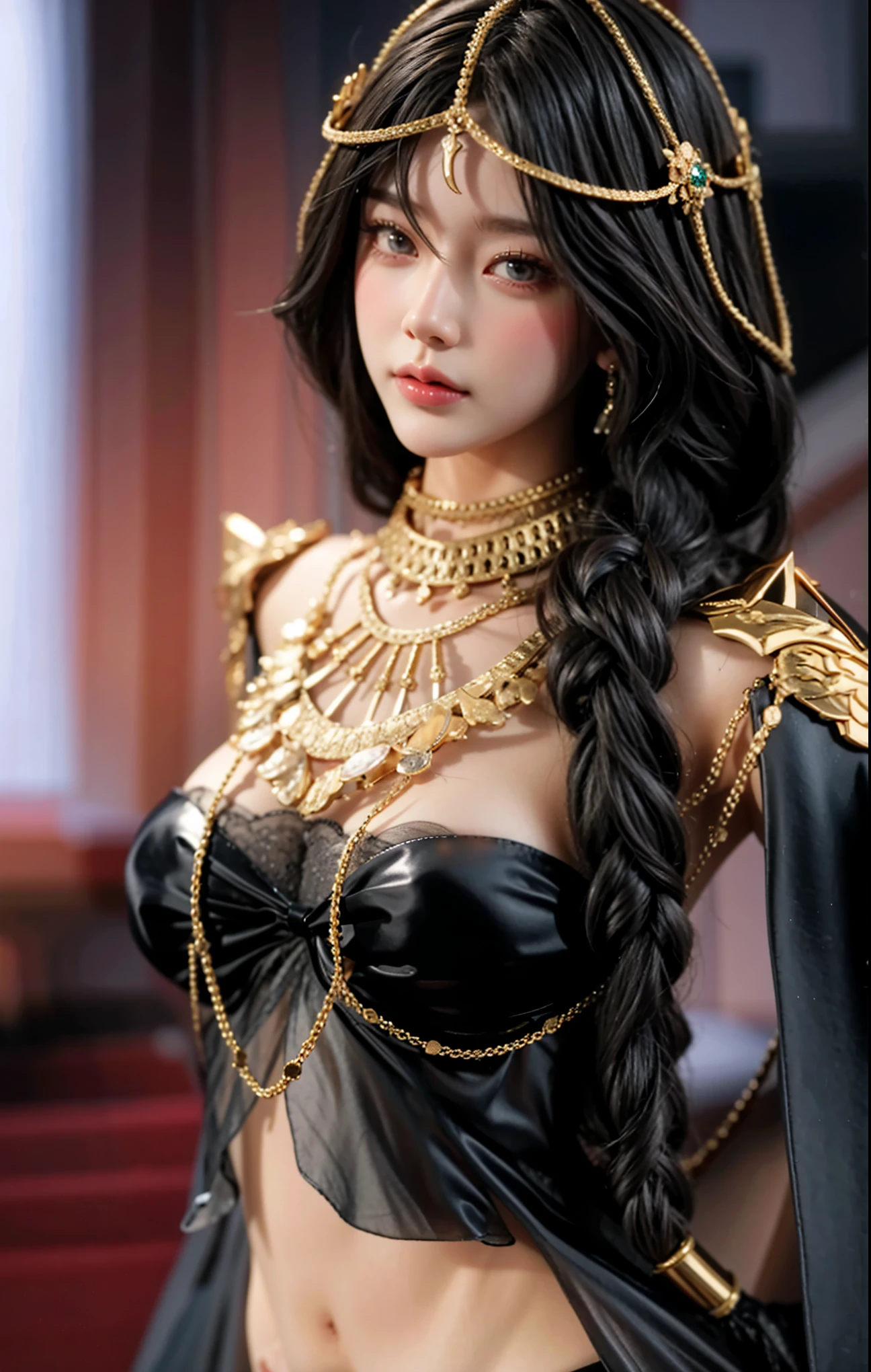 Royal princess,Extremely detailed, Delicate face, Stock Photography , Portrait 400, F1 Camera Lens.6, rich and colorful, Surrealism, Realistic textures, Dramatic Lighting, Thin Film Distiller 800 (8K, original photo, Better quality, masterpiece: 1.2), Extremely detailed, (Extremely delicate skin: 1.2), 8K ultra high definition, SLR camera, Soft Light, high quality.Fire Queen,Blue pupils,Wear red lipstick,Have a tattoo,The tattoo is very three-dimensional,Gorgeous and intricate tattoo designs,Dark eyeshadow,Sexy thick lips(Red lipstick),Gorgeous pearl and gemstone decoration,Cleopatra wore jewelry made of gold and precious stones.