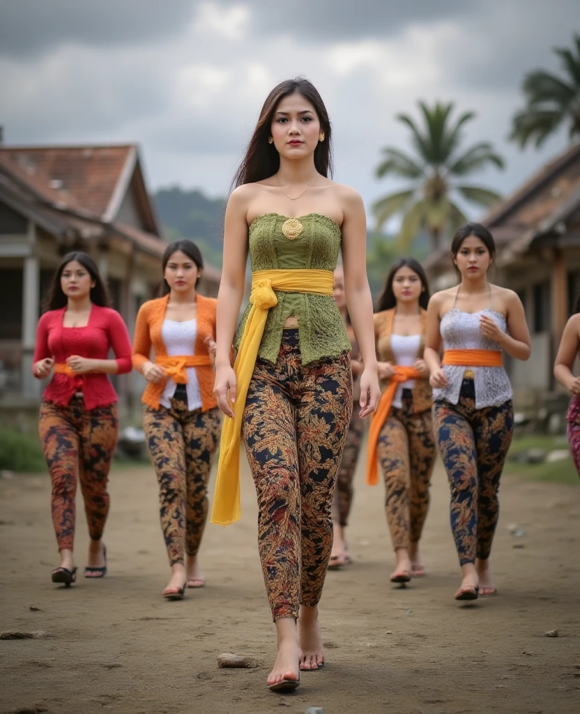 A dramatic scene in an Indonesian village post-earthquake. In the foreground, there are many Indonesian people from various walks of life running in panic and fear. Among them, a young Javanese princess, 25 years old, with a sweet and traditional appearance, stands out. She wears a simple traditional green strapless kemben made of raw fabric adorned with a few golden ornaments, a yellow waistcloth or selendang, and a batik jarik wrapping her slender legs. She is barefoot, walking amidst the ruins of a village devastated by an earthquake. The background shows collapsed houses and debris under a cloudy, ominous sky. Realistic photo, looking side, serious expressions, diagonal angle, dynamic composition