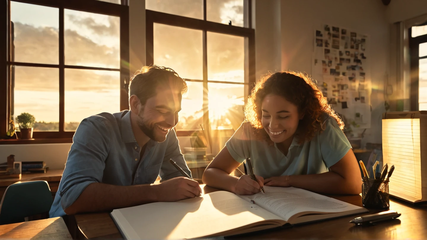 "A serene scene of a journal open on a desk with a pen beside it, sunlight streaming through a nearby window. Transition to a montage of various people experiencing different emotions—someone smiling at a sunset, another person deep in thought, and another comforting a friend. Display text on screen: 'Emotions: The Key to Unlocking Your Full Potential.' The visuals should feel inspiring and introspective."