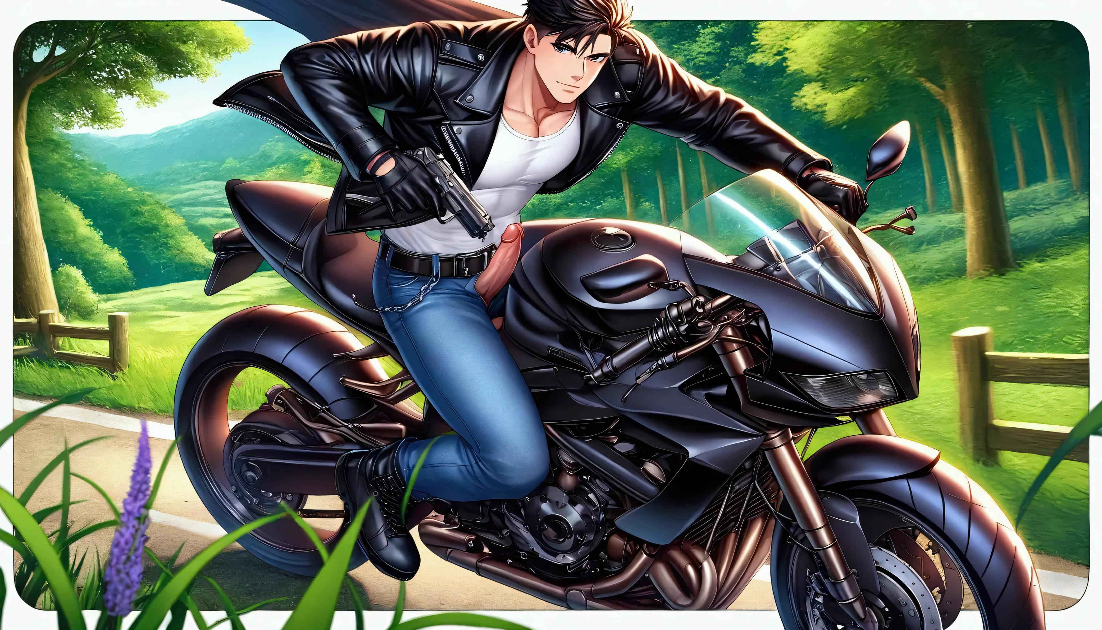 Create an image of a young man with black undercut hair and a muscular physique, wearing a white crew-neck T-shirt under a black leather jacket. He is dressed in blue jeans with a black leather belt, black motorcycle gloves, black combat boots, and a black thigh holster for a handgun. The young man is leaning against a black big bike. One of his hands is holding a black phone to his ear, while the other hand holds a black motorcycle helmet by his side. He is standing on a grassy meadow beside a stream in the forest And the zipper of his pants was pulled down, revealing his erect penis. The image should be drawn in a detailed, colorful anime-style illustration.