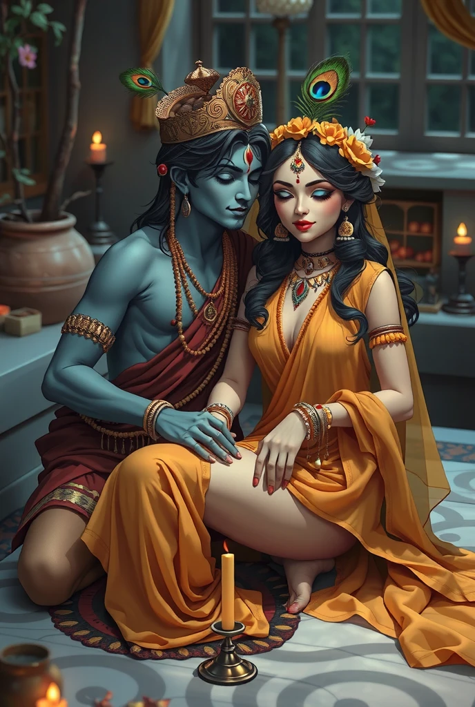 A interpretation of Radha and Krishna in a private setting, both with divine looks and colors—Krishna with blue skin and Radha with a golden-white complexion. They are dressed in transparent sheer single piece minimal clothing of yellow, saffron and light blue hues. Krishna, with peacock feather in hair, radha with ornate crown and flower in her hair. Krishna is giving Radha a massage a deep tissue massage in her intimate parts. The expression on both's face is of intense relaxation and pleasure. The setting is calm and intimate, with soft lighting, candlelight, garden pots, conveying a peaceful, supportive atmosphere.
