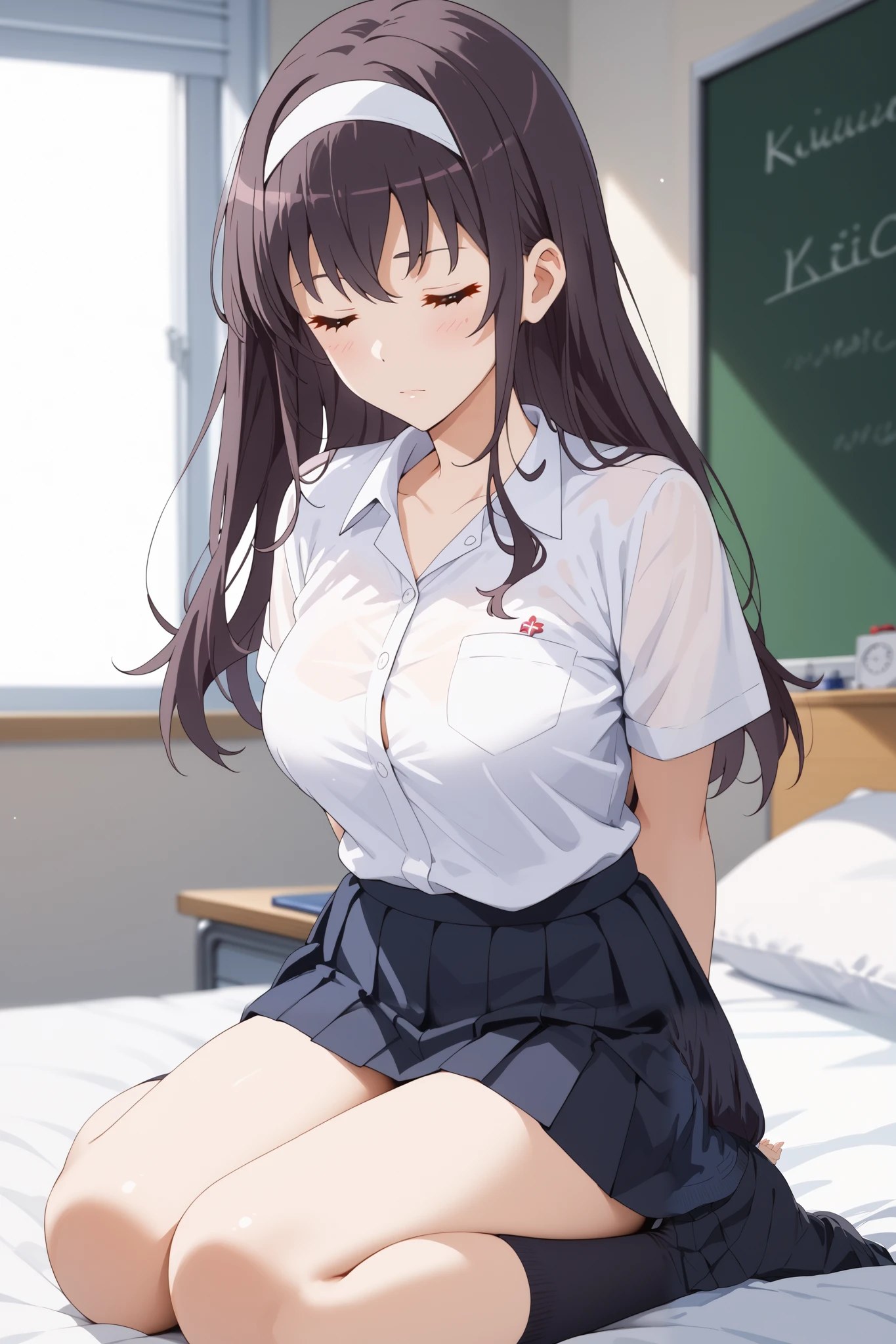 Masterpiece, extremely detailed,perfect quality,4k ,2D ultra graphic,anime ,solo,1girl ,sleep on the bed,kasumigaoka utaha, embarrassed,stand up,full body,beauty face,large breasts ,teacher uniform,white shirt,black hot skirt,stocking,body goals,slim body,slim models body,straddle,arms behind back,looking at viewers,front looks,bokeh