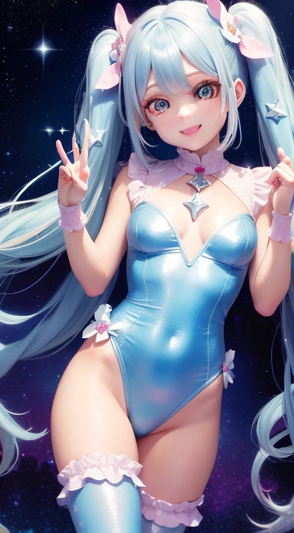 Super Idol　　A charming smile　sky blue hair　length hair　Twin-tailed　Bright pink and white,、Blue Leotard Costume　Mystical　Fantasia　constellation　a moon　Crystal Brilliance　Aurora Borealis in the Night Sky