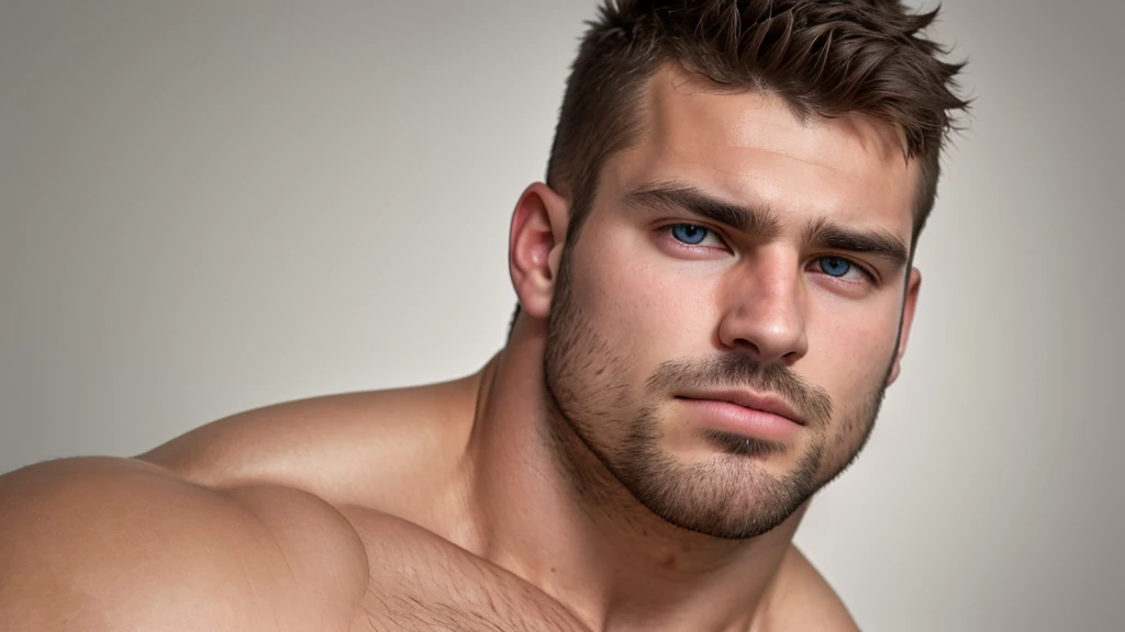 (solo, male), close-up portrait, masculine, square jaw, cleft chin, stubble, handsome, parted lips, (chubby:0.1), beautiful eyes, skin texture,