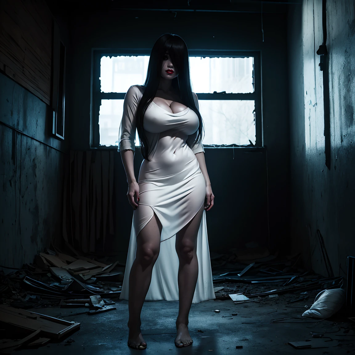 Realistic Japanese Horror movie taste picture, ((masterpiece)), (best quality), (absurdness quality), high resolution, 32k, (photorealistic:1.4), black hair, hyper realistic photo of Yamamura_Sadako, ((torn, sexy white dress)), (grey skin), long hair over eyes, eyes covered, hidden face by long hair, ((spooky, messy abandoned house)), dark atmosphere, ultra huge cleavages, full body shot, entire room view,