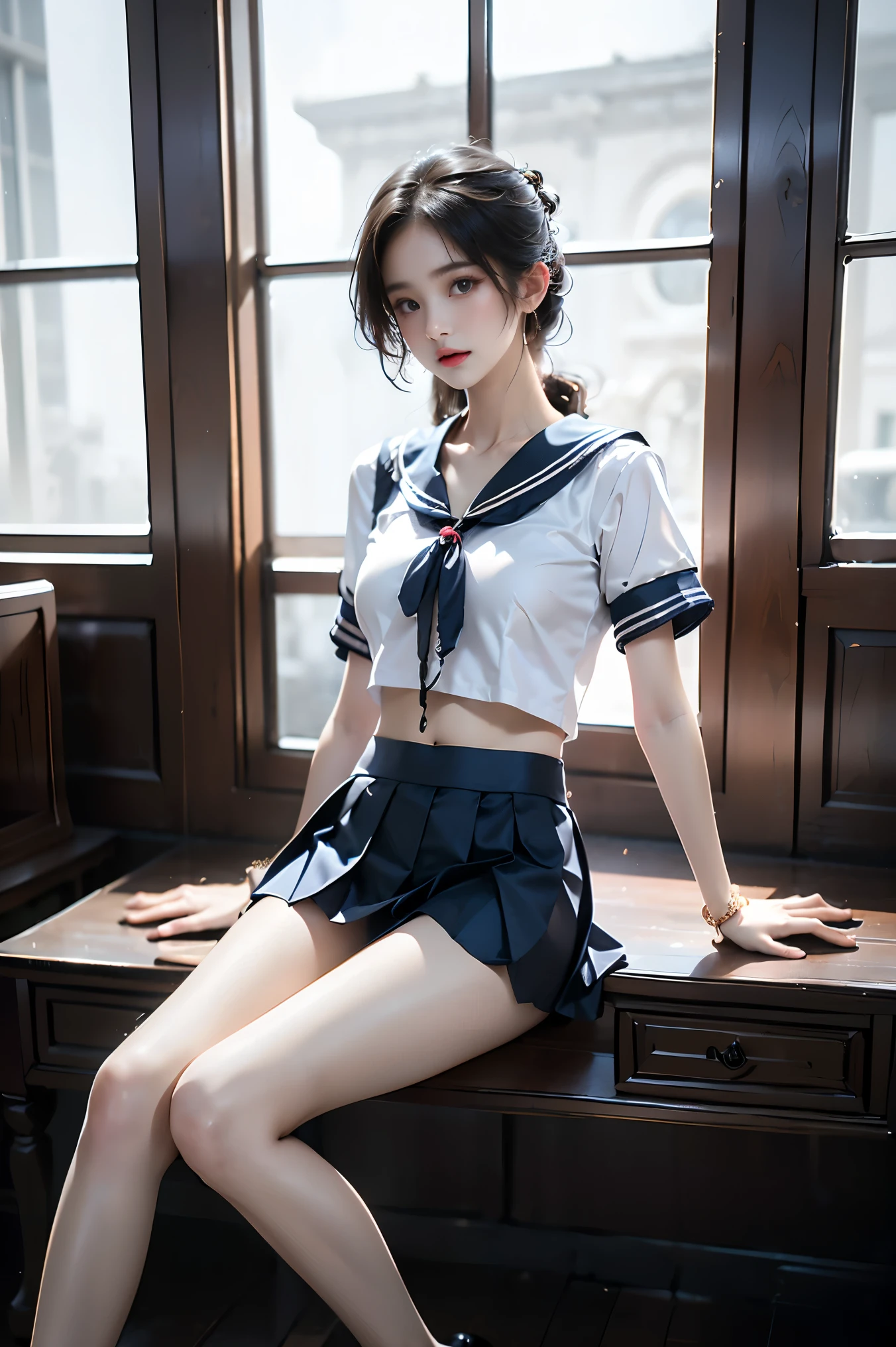 qingquxiaofu
school uniform, serafuku, crop top, pleated skirt,miniskirt,,,, (full body:1.4), (photorealistic:1.2), (ultra detailed:1.3), 1girl, young woman, (Sitting position:1.3), (Full bust, visible cleavage, deep V-neck, very short hemline), fashion model, slim figure, perfect anatomy, (beautiful long legs:1.4), smooth skin, sitting pose, (thigh focus:1.2), elegant posture, professional photography, soft lighting, depth of field, high quality, masterpiece, 8k uhd, natural skin texture, perfect body proportions