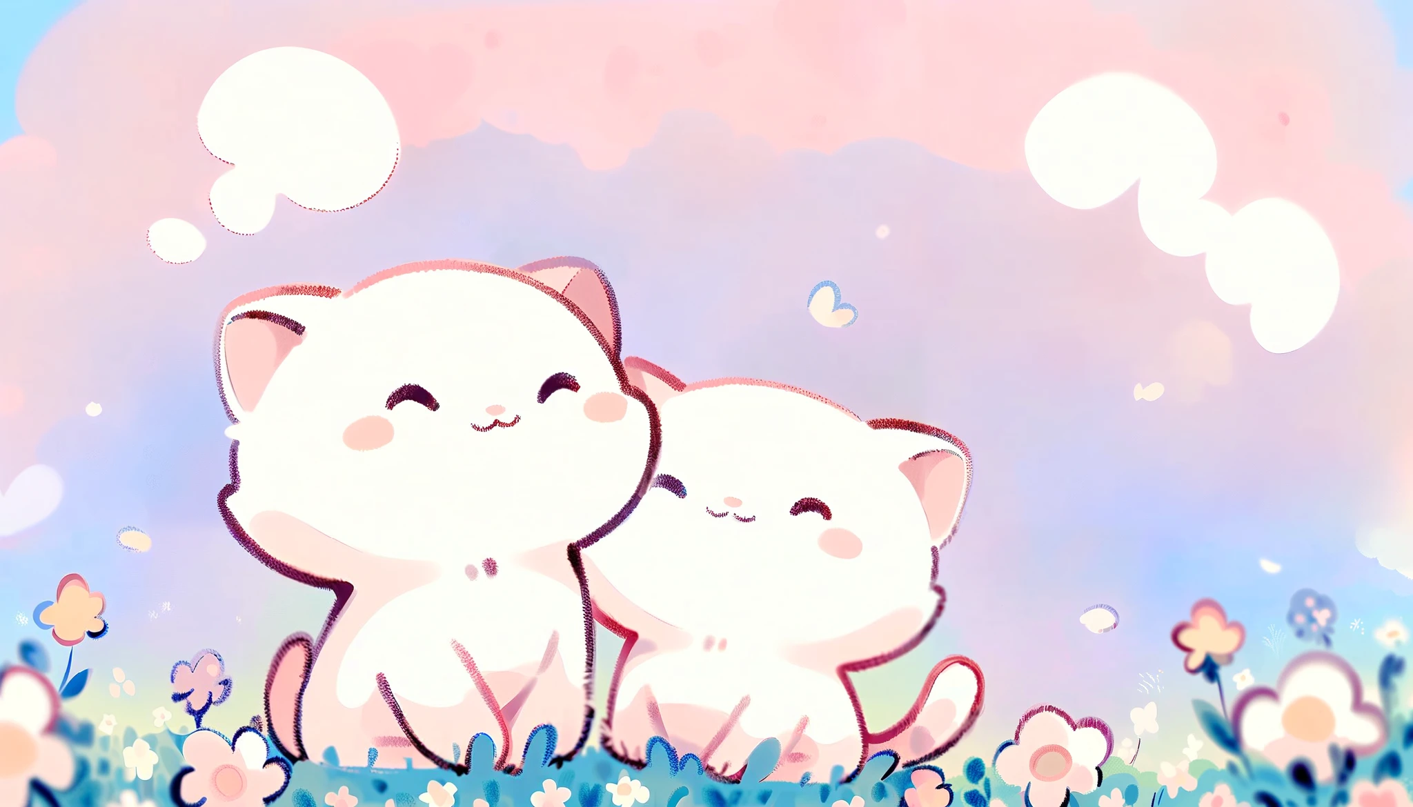 cartoon cat and kittens In a field of flowers with a sky background, Animated visual of cute cats, Kawaii cat, Cute cat, Lovely artwork, sitting In a field of flowers, In a field of flowers, Cute anime, Soft anime illustration, by Eizan This is a gift, Illustration of two cats, Anime cat, background is heavenly，Blue sky and white clouds，