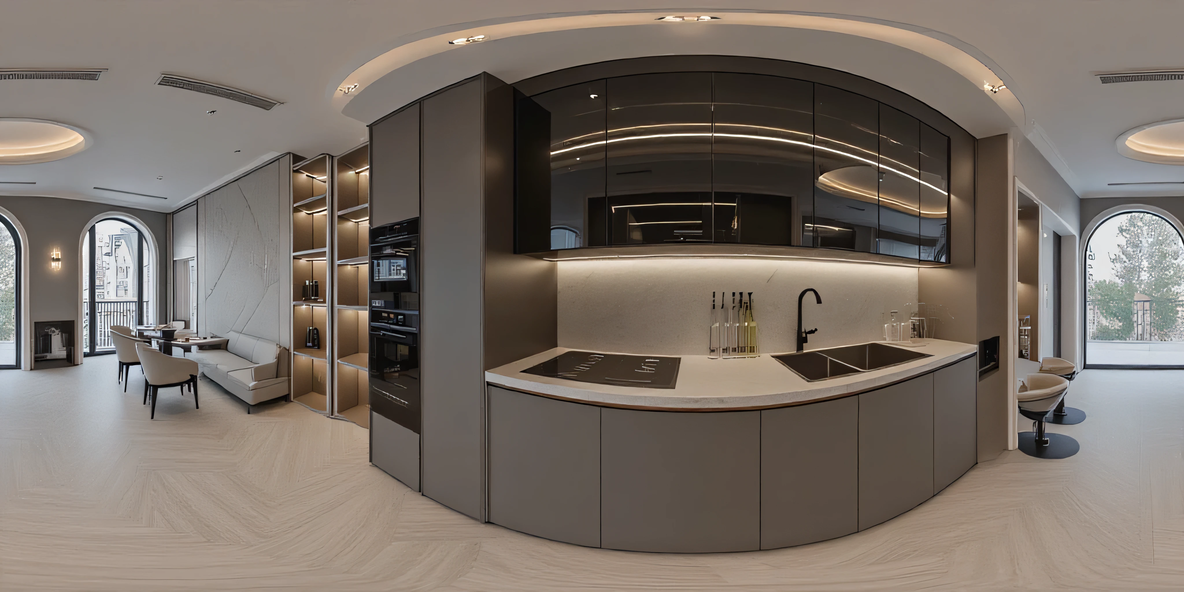 HDRI panoramic view of TOK, a modern kitchen, color grey and black