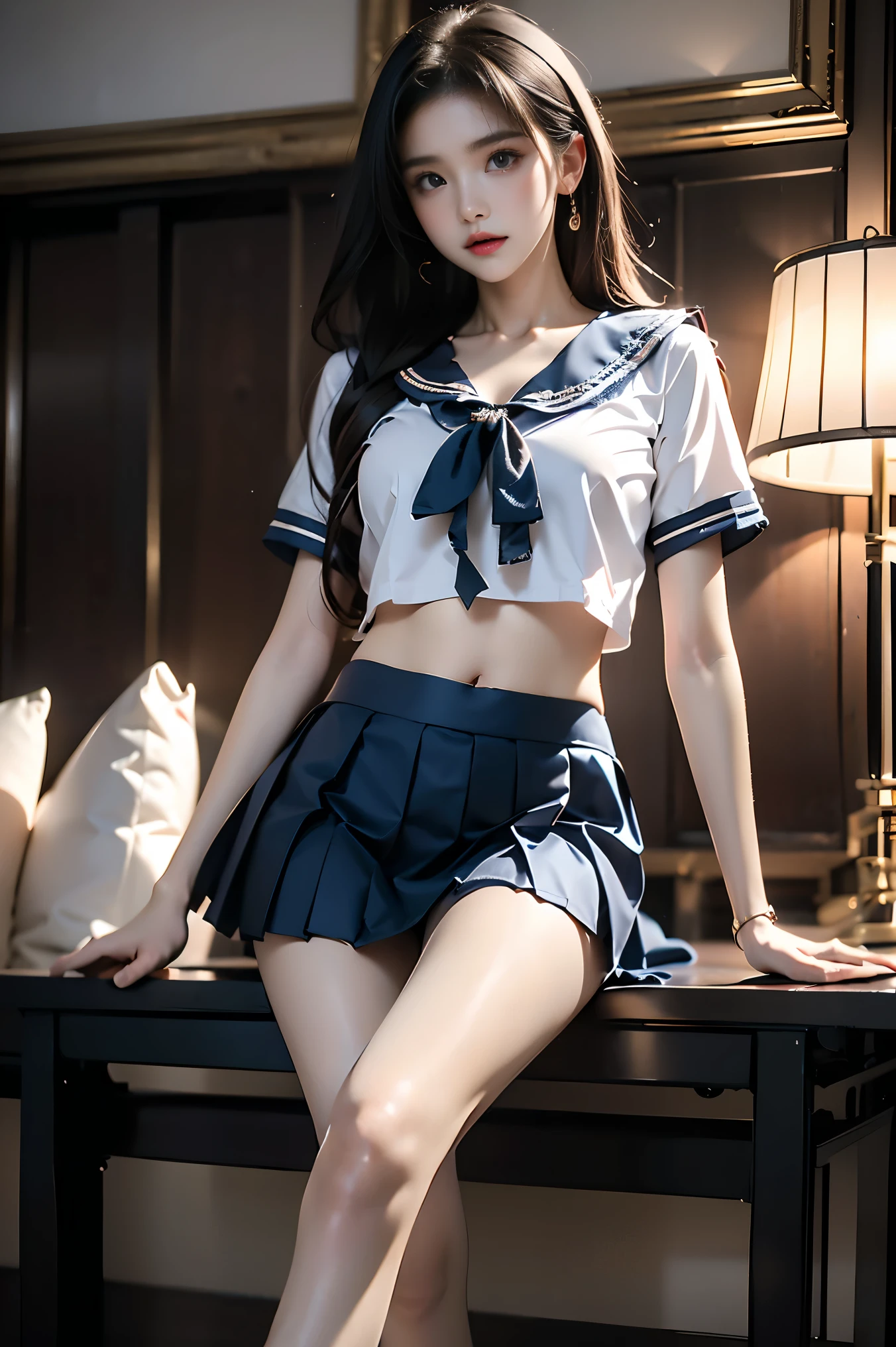 qingquxiaofu,school uniform, serafuku, crop top, pleated skirt,miniskirt,,,, (full body:1.4), (photorealistic:1.2), (ultra detailed:1.3), 1girl, young woman, (Sitting position:1.3), (Full bust, visible cleavage, deep V-neck, very short hemline), fashion model, slim figure, perfect anatomy, (beautiful long legs:1.4), smooth skin, sitting pose, (thigh focus:1.2), elegant posture, professional photography, soft lighting, depth of field, high quality, masterpiece, 8k uhd, natural skin texture, perfect body proportions