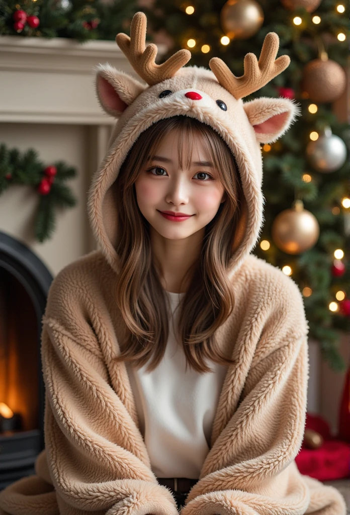 HyperRealistic, best quality, absurdres, ultra detailed, 1 girl, grin, beautiful doe eyes, fluffy reindeer costume, reindeer nose, indoor, background christmas tree, christmas decoration, carpet, fireplace