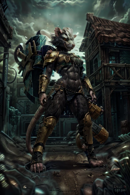 solo,anthro, rat, rodent, skaven, fluffy, safe, rat tail, hairy, warhammer fantasy, vermintide, front view, black body:1.3,masterpiece,highly detailed,8k resolution,solo,ultra detailed perfect piece,masterpiece,extremely detailed CG 8k,very fine 8K CG,best quality,absurdres,zoomed out view,full body view, full length portrait,((anthro)), 8k, 4k, 2k, detailed, intricate, (female), ((solo)), ((detailed fur)),Perfect Anatomy

Detailed background,a bright but desert likd wasteland in a battle field, in control of other skaven,zoomed out full body view,must be bright colors to see

Character a very tall Skaven female giantess standing at over 12ft tall being a towering figure being taller then a house,D cups,thick thighs,feminine massively over-muscled phyique with abs,muscular arms,muscular legs,short white hair in a bob cut,thick messy fur on the body,dark black fur only,golden yellow eyes,one one long pink rat tail,a pink nose on her snout,sharp fanged teeth on the muzzle,hands and feet being pink and rat like paws like with long and sharp claws for, she is smiling and confidently

She wears nothing but a space marine’s armor but with no helmet or gloves or boots,the armor is scavanged up and themed to fit for a skaven as a scavanged and forced to fit for a top and bottoms,the armor has an energy shield powered by the green glow of warpstone, the armor is black with the main color,red with the secondary colors, with gold and silver timmings

She has a Modified Storm Bolter in her left hand, a powerful flamethrower, and in her right hand lightning-infused blue steel axe with a blue lighting glow to it,with her armor having a green glowing rocks in it due to green rocks being embeded into the chest, stomach and shoulder armor areas

Must have black fur,as in jet black color for a pure black coat of fur,but not white fur with Space Marine themed armor

Also no watermarks at all

by personalami, by zephyxus, by darkgem, by null-ghost, skaven, MFBP1, Warhammer 40K