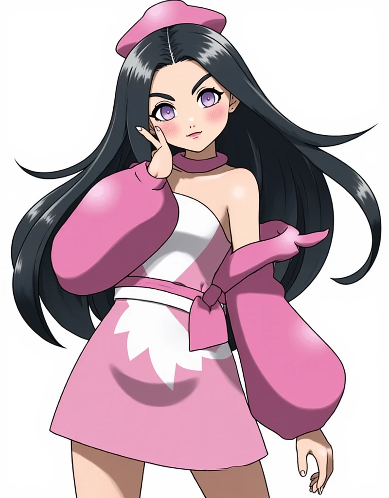 Pokémon: A female beautiful  grass type gym leader trainer that wears a cherry blossom inspired avant garde attire, She has a very avant garde attire, Pink and White colorway. Long Flowing black hair. She has a very mature face and small eyes. He has a very serious angry expression. Full body view. small eyes. She has a very small eye shap. She has a very mature body. She has a very mature face and appearance, Madison Beer 