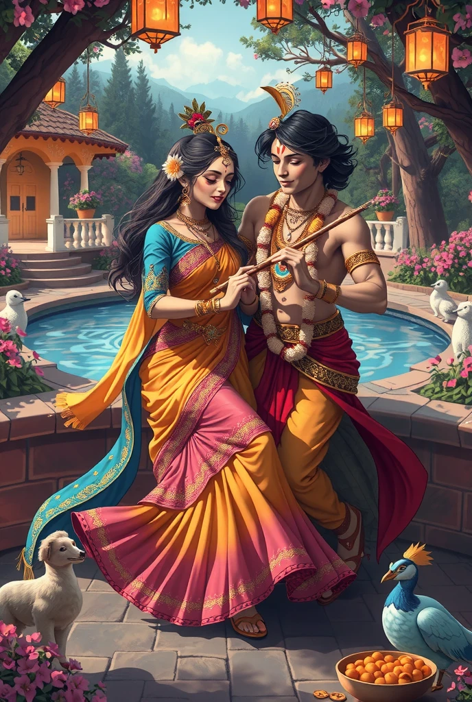 radha krishna dancing together
A modern depiction of Radha and Krishna dancing together having fun around their friends.  Radha with her golden-white glowing skin, is wearing dress of primary color blue, secondary color pink, dark hair with a small ornate crown and flowers, tilak in her forehead .Krishna, with radiant blue skin, with iconic flute and peacock feature wearing  dress of primary color yellow secondary color red, white tilak in his forehead. Both enjoying the dance, with is happening in a beautiful garden, filled with flowers, swing, fountain, lake and animals, lanterns. They are emanating a divine presence and aura.