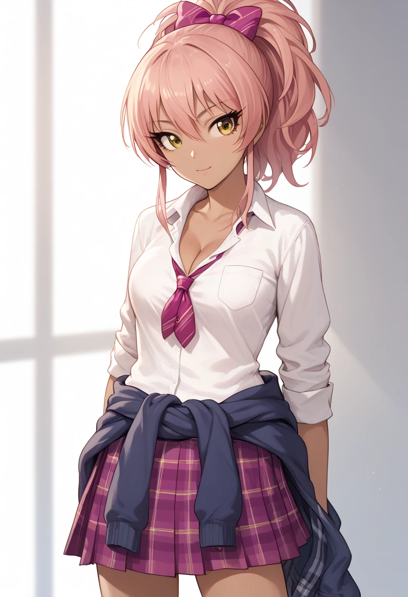 mika jougasaki, hair bow, long hair, pink hair, yellow eyes, ponytail,dark skin female, large breaests,bow, clothes around waist, plaid, plaid skirt, school uniform, skirt, sweater, sweater around waist,Cleavage