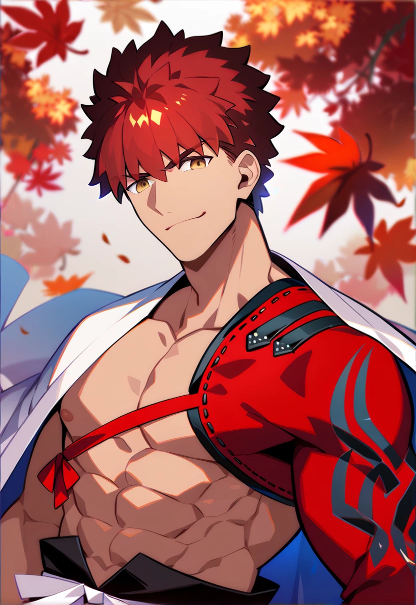 1boy, male focus, muscular male, best quality, amazing quality, best aesthetic, absurdres, official style, year 2023, game cg,  senji_muramasa_(fate), red hair, yellow eyes, igote, nipples, smirk, autumn, autumn leaves, upper body,