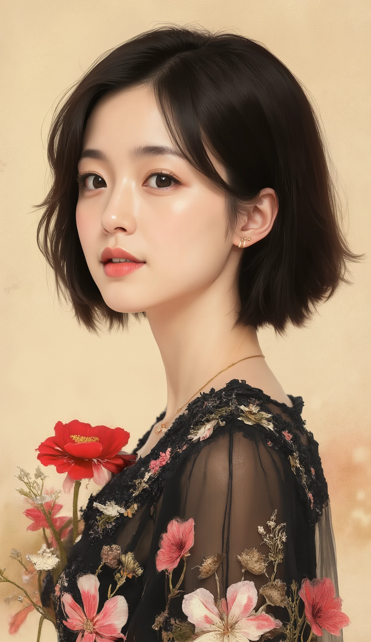 2d, pastel color, watercolor, lineart, ankymoore, 1girl, solo, short hair, simple background, black hair, dress, jewelry, upper body, flower, earrings, black eyes, black dress, makeup, floral print, lipstick, red flower, brown background, red lips, print dress, tan background
